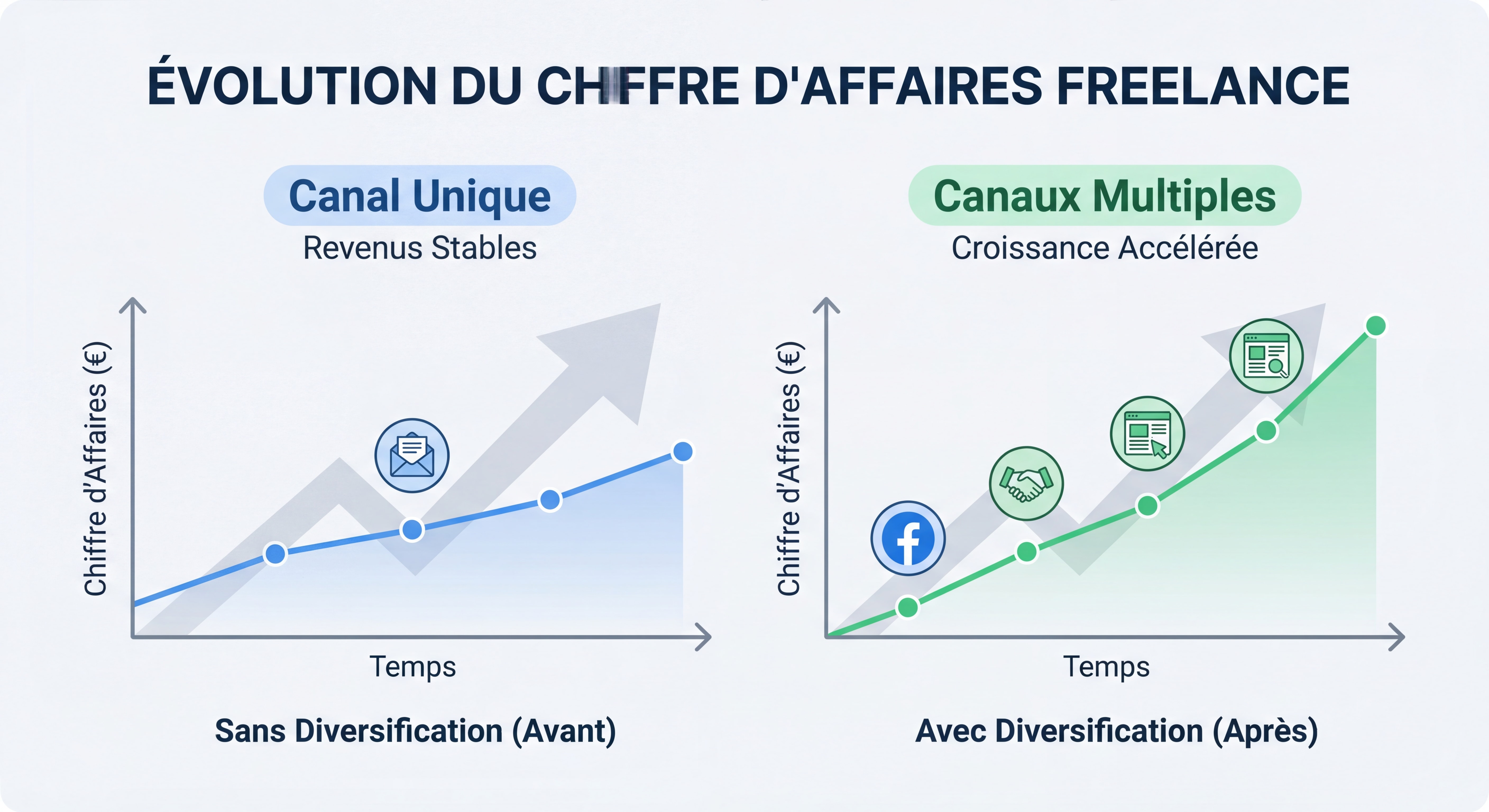 Infographie montrant l'évolution du chiffre d'affaires d'un freelance avec et sans diversification des canaux d'acquisition clients, courbe ascendante avant/après