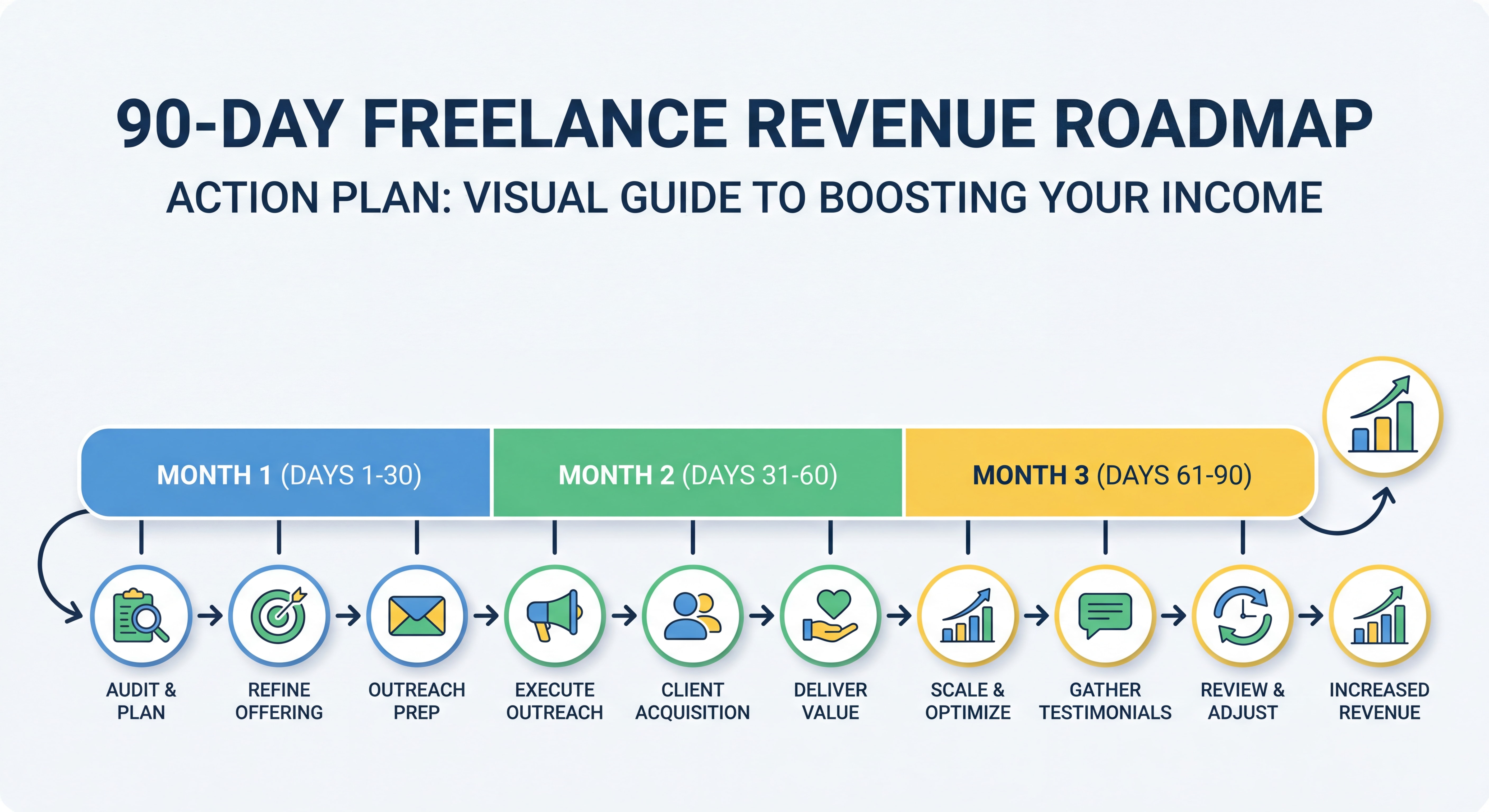 Roadmap visuelle du plan d'action 90 jours pour augmenter son CA freelance, avec timeline illustrée des 3 mois et étapes clés pour chaque mois