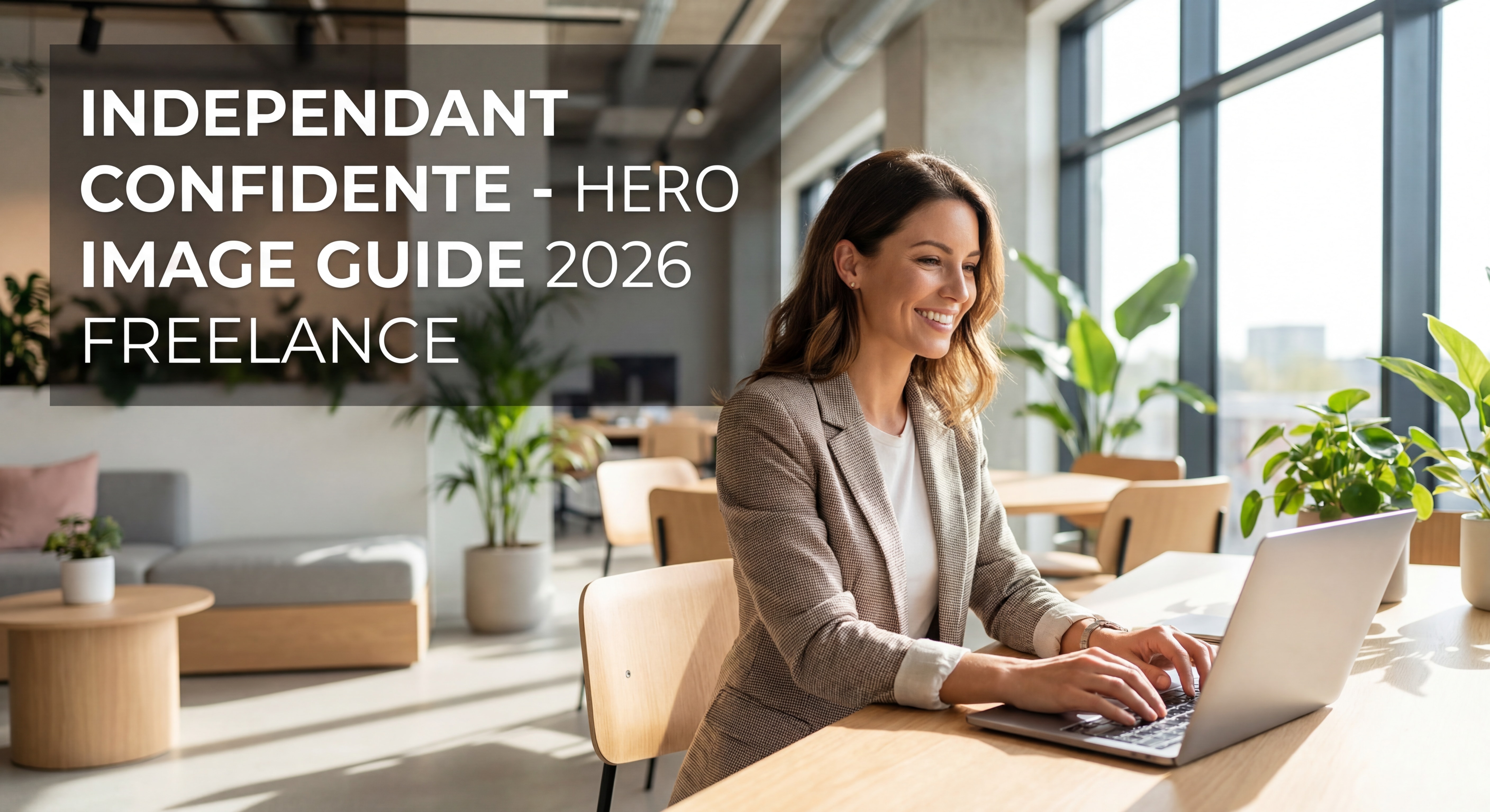 Indépendante confiante travaillant sur son laptop dans un espace de travail moderne lumineux, sourire, posture assurée — hero image guide freelance 2026