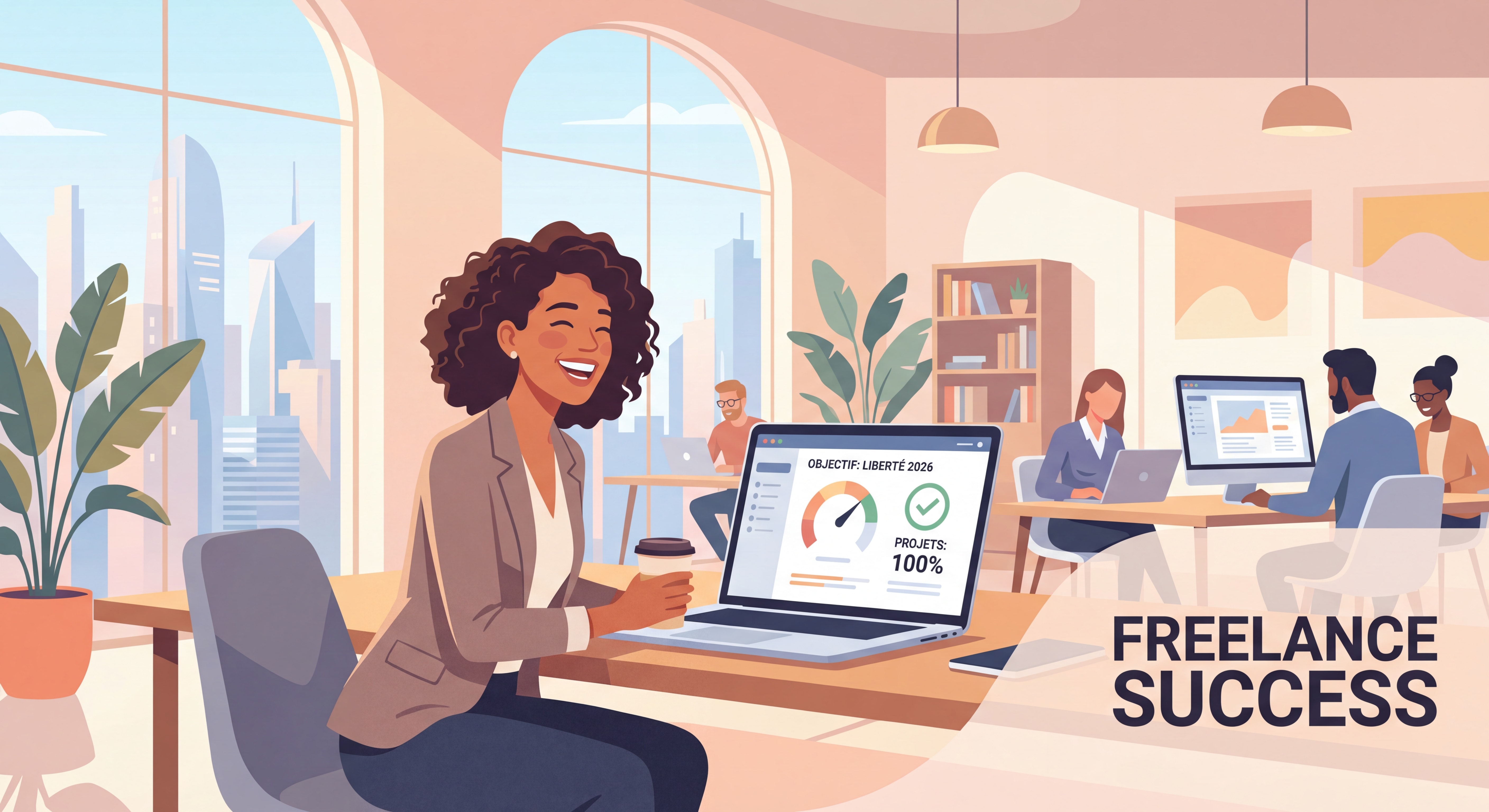 Indépendant(e) confiant(e) souriant devant un laptop dans un espace de travail moderne et lumineux, symbolisant la réussite freelance en 2026