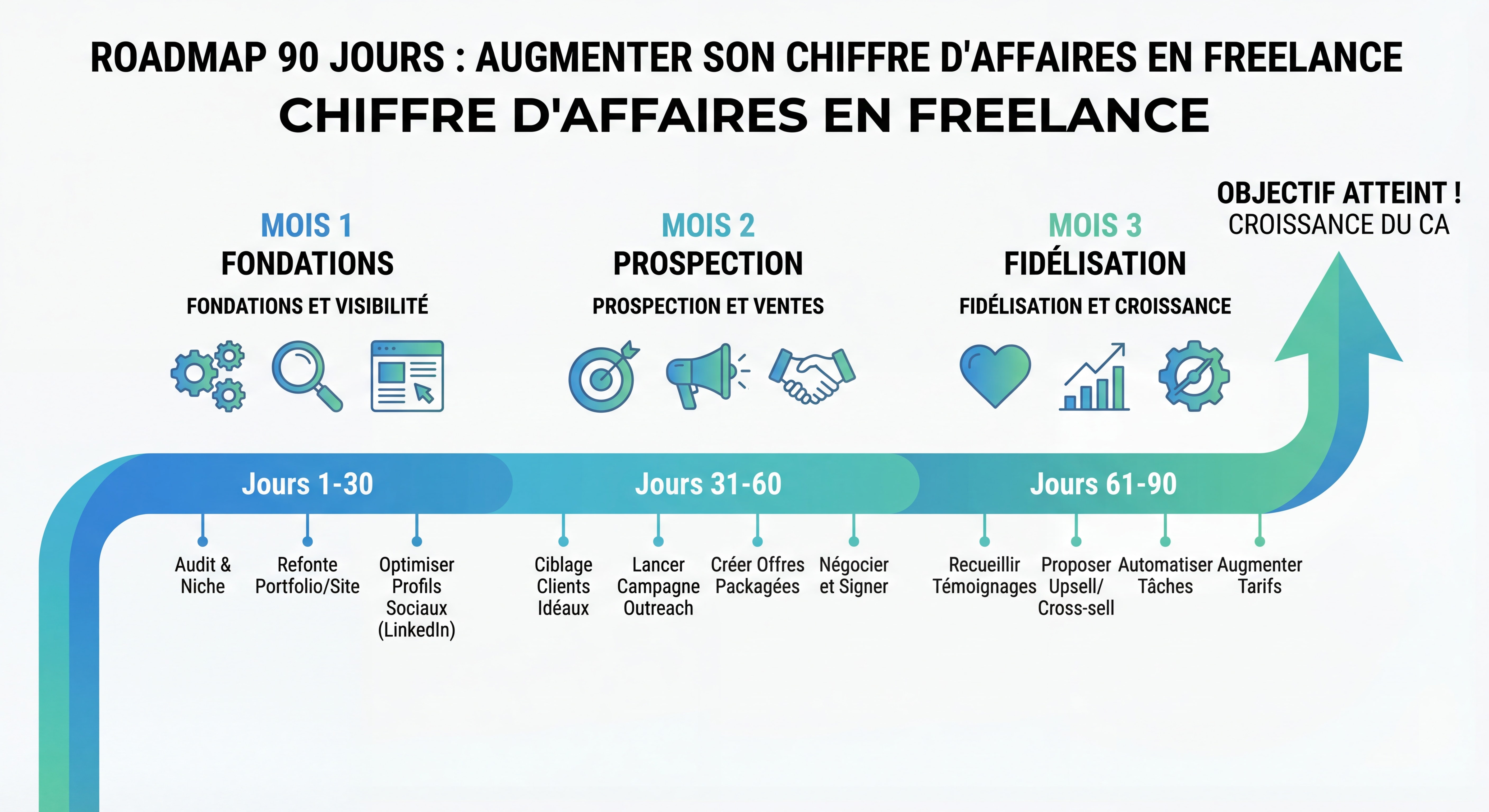 Infographie roadmap 90 jours avec timeline visuelle et étapes clés mois par mois pour augmenter son chiffre d'affaires en freelance
