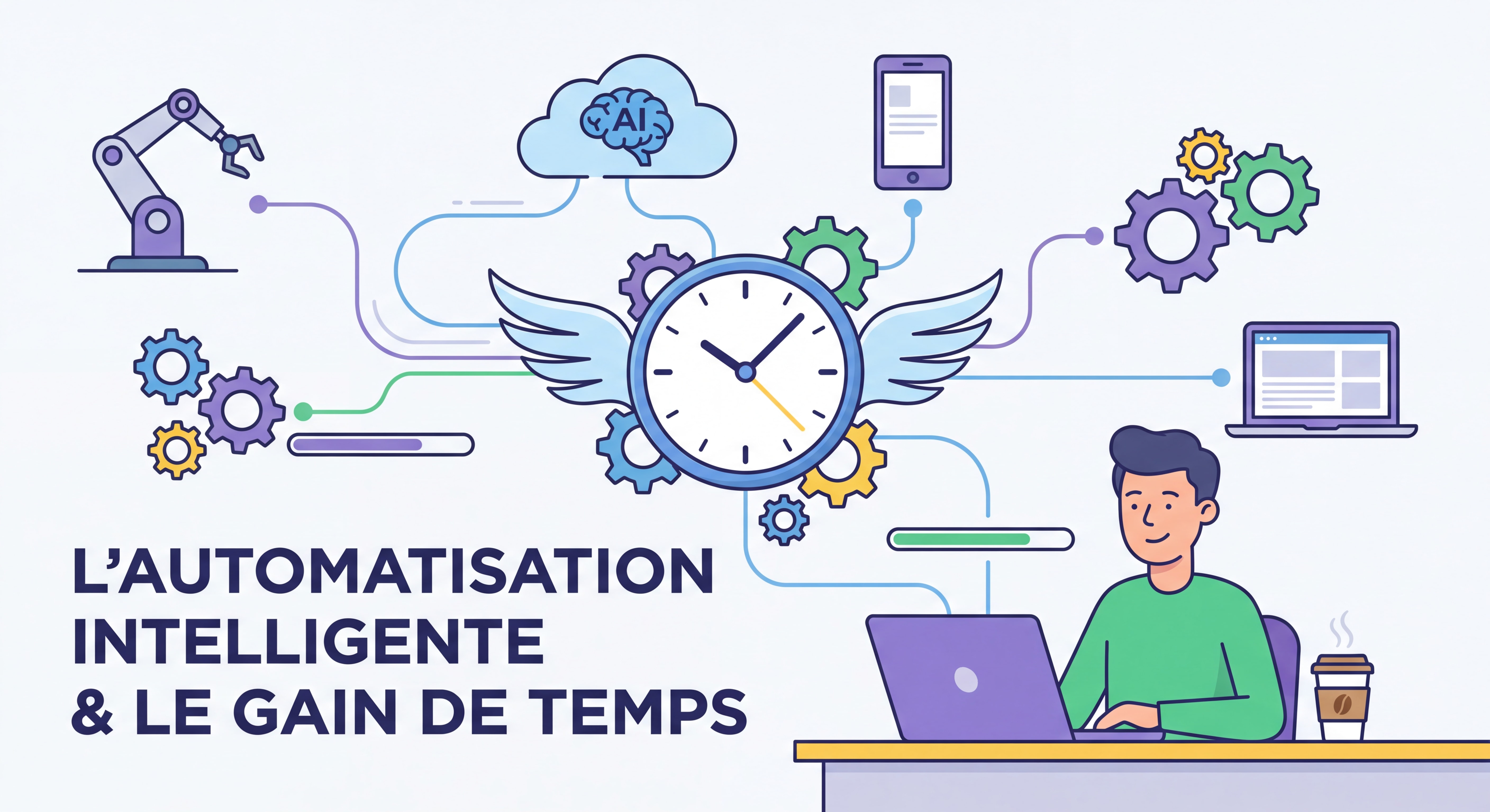 Illustration flat design moderne représentant l'automatisation et le gain de temps avec des engrenages, une horloge, des outils connectés et des icônes d'IA, style épuré et couleurs vives professionnelles