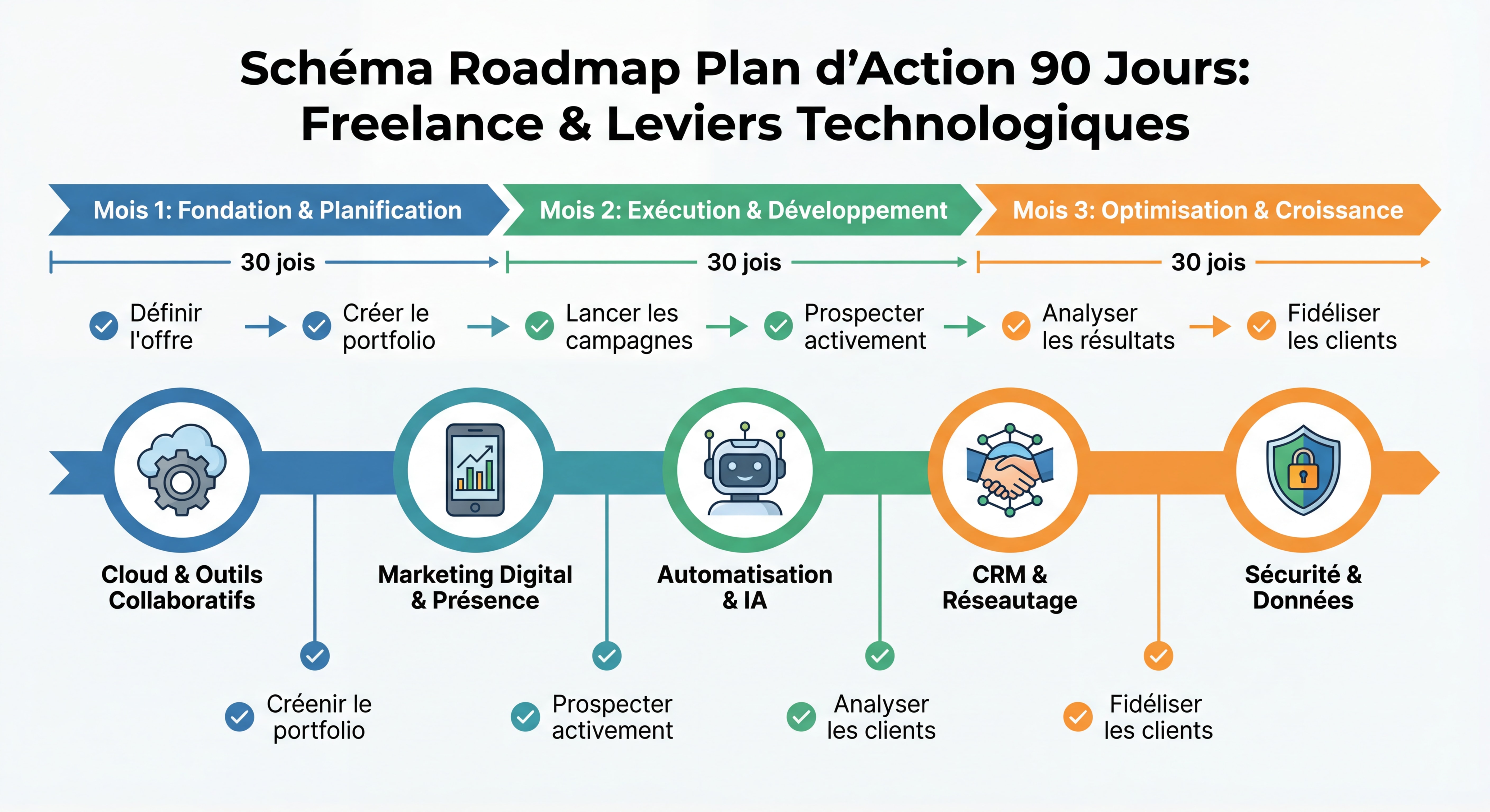 Schéma roadmap plan d'action 90 jours visuel pour freelance avec timeline, étapes clés et icônes représentant les 5 leviers technologiques, style infographie moderne et actionnable