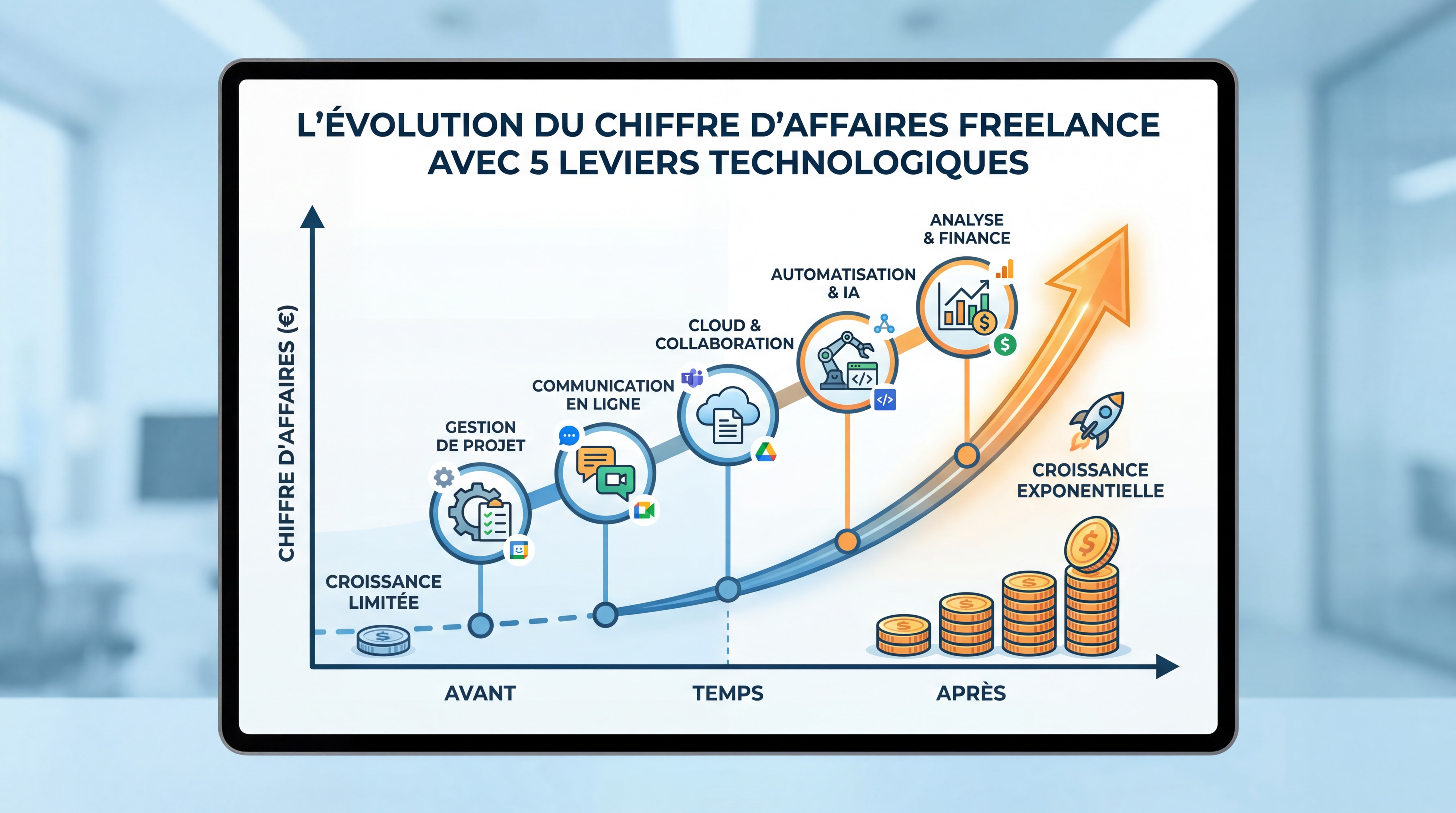 Infographie montrant l'évolution du chiffre d'affaires freelance avec les 5 leviers technologiques, courbe ascendante avant-après avec icônes d'outils numériques