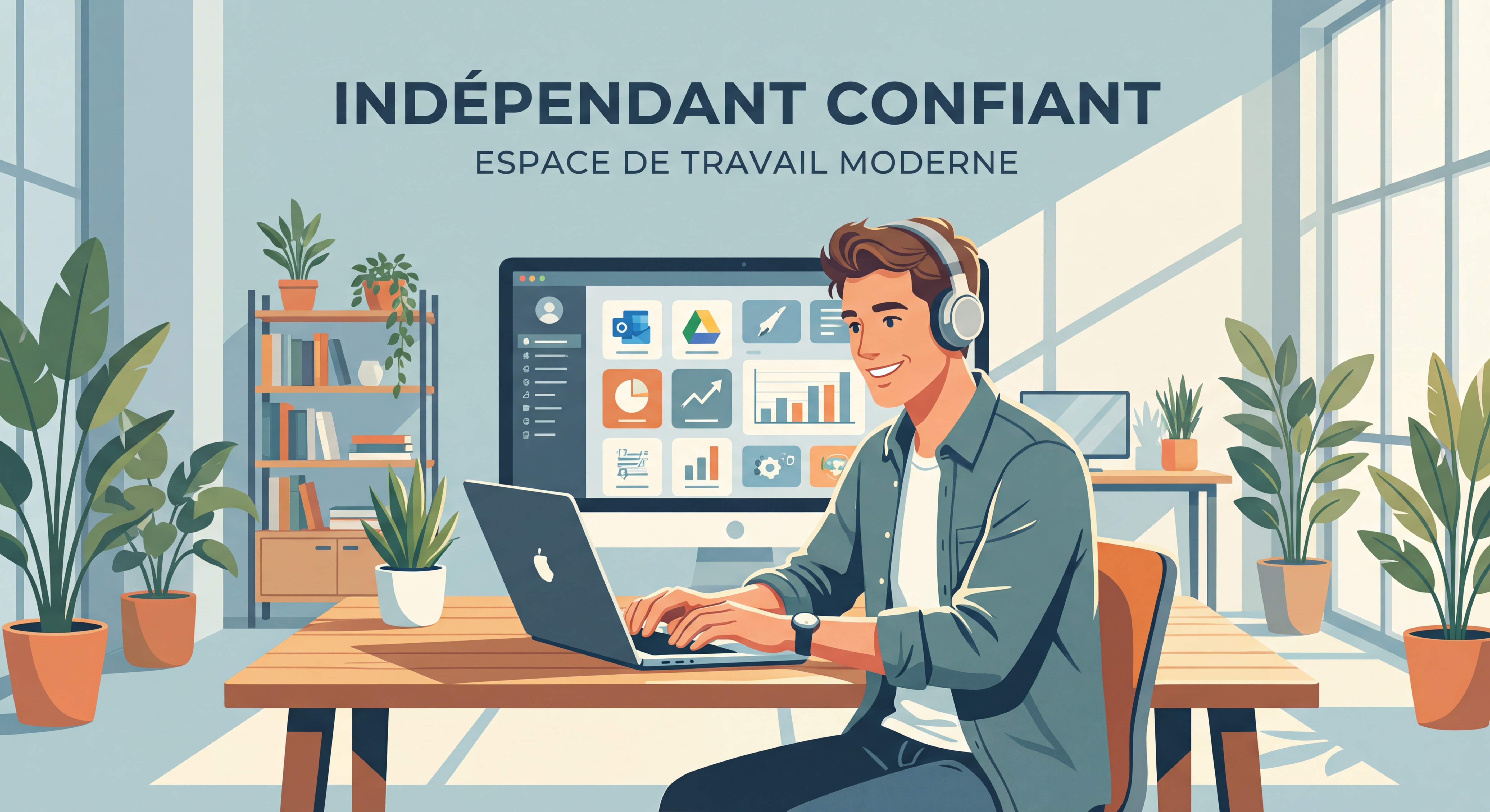 Indépendant confiant travaillant sur son laptop dans un espace de travail moderne avec des outils numériques affichés sur écran, bureau lumineux et inspirant