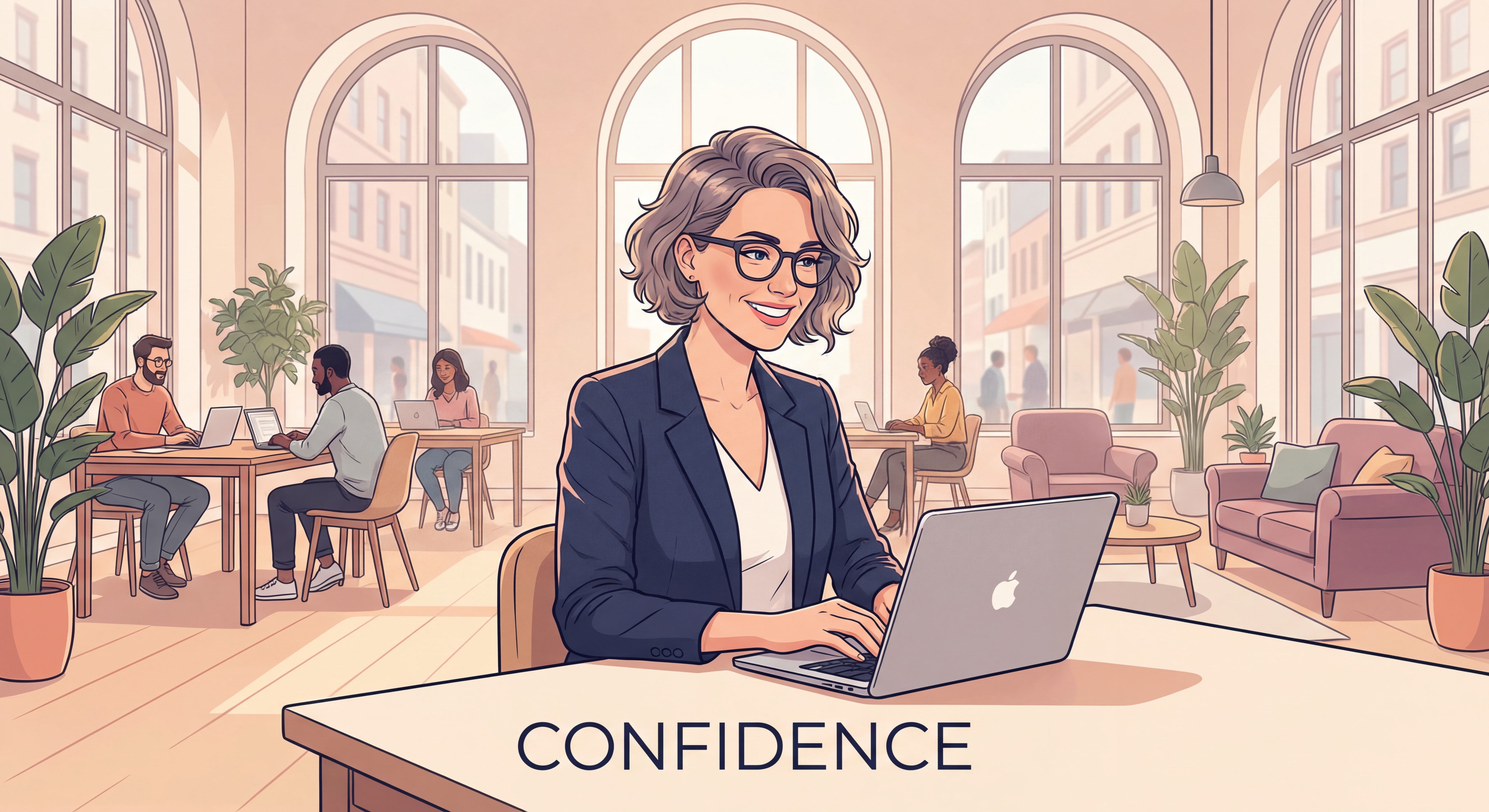 Indépendant confiant travaillant sur son laptop dans un espace de coworking moderne, souriant, posture assurée, lumière naturelle