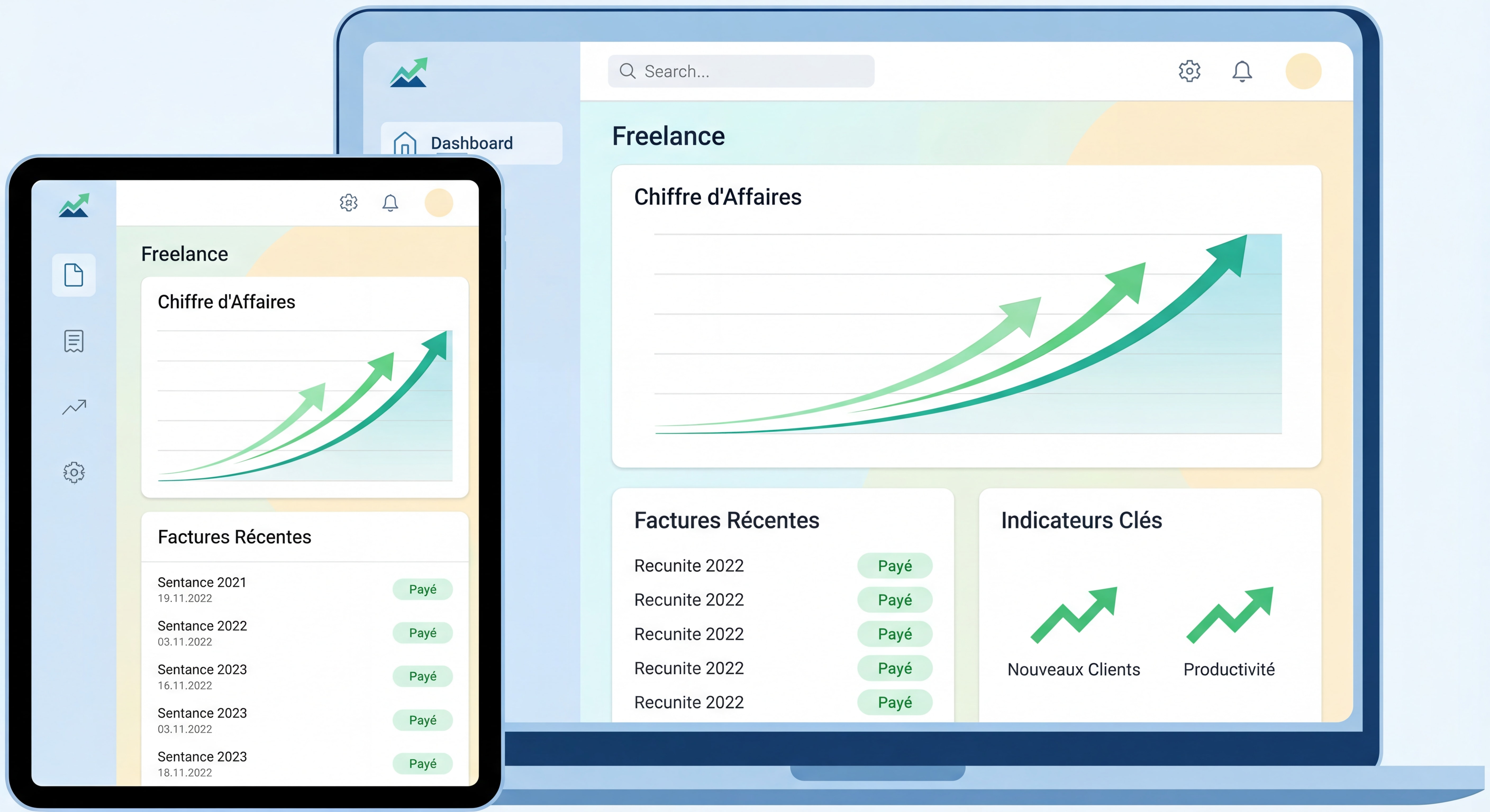 Dashboard moderne d'outil de gestion freelance montrant le suivi du chiffre d'affaires, les factures et les indicateurs de performance, interface clean et inspirante avec données positives