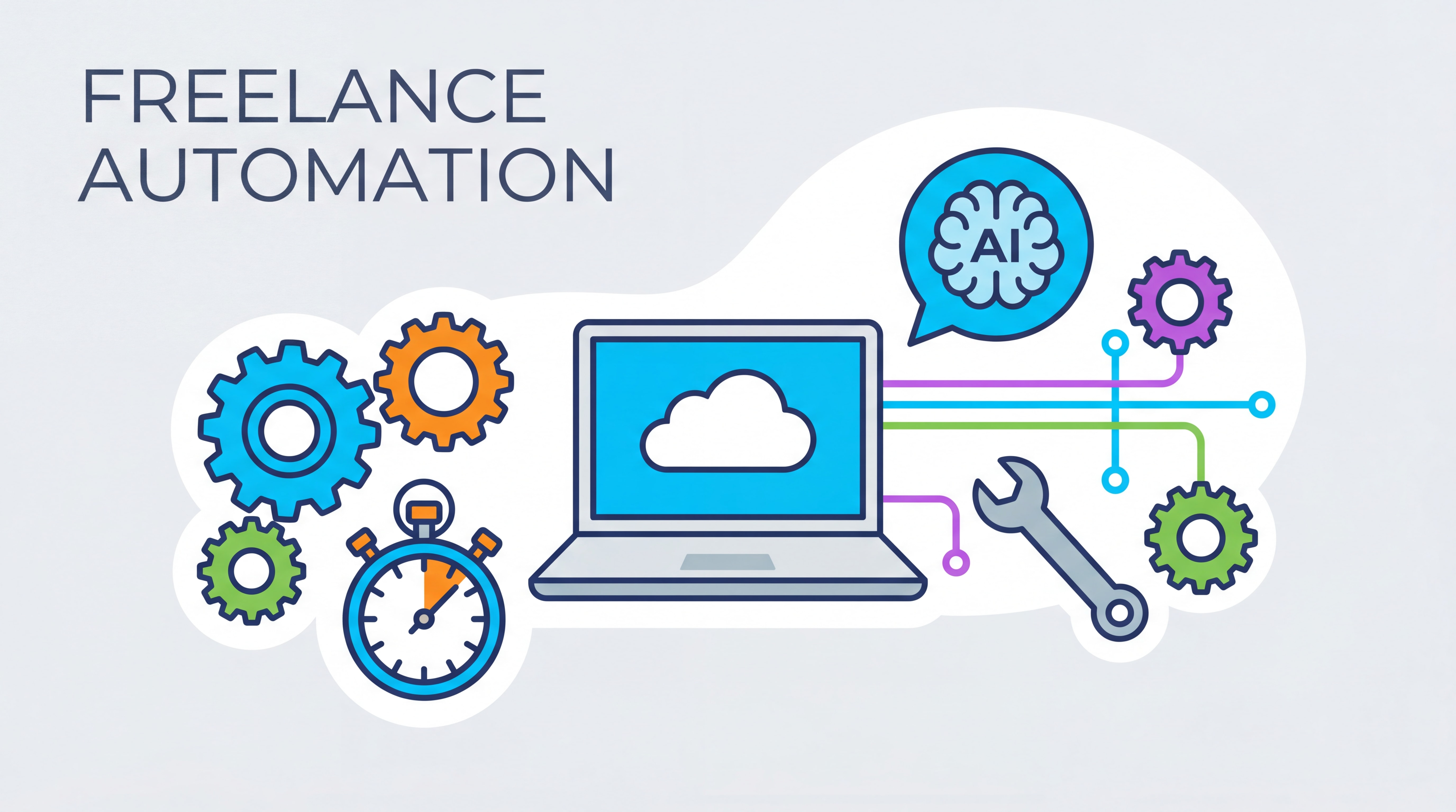 Illustration flat design représentant l'automation freelance avec engrenages, horloge, outils connectés et IA, style moderne épuré, couleurs vives professionnelles