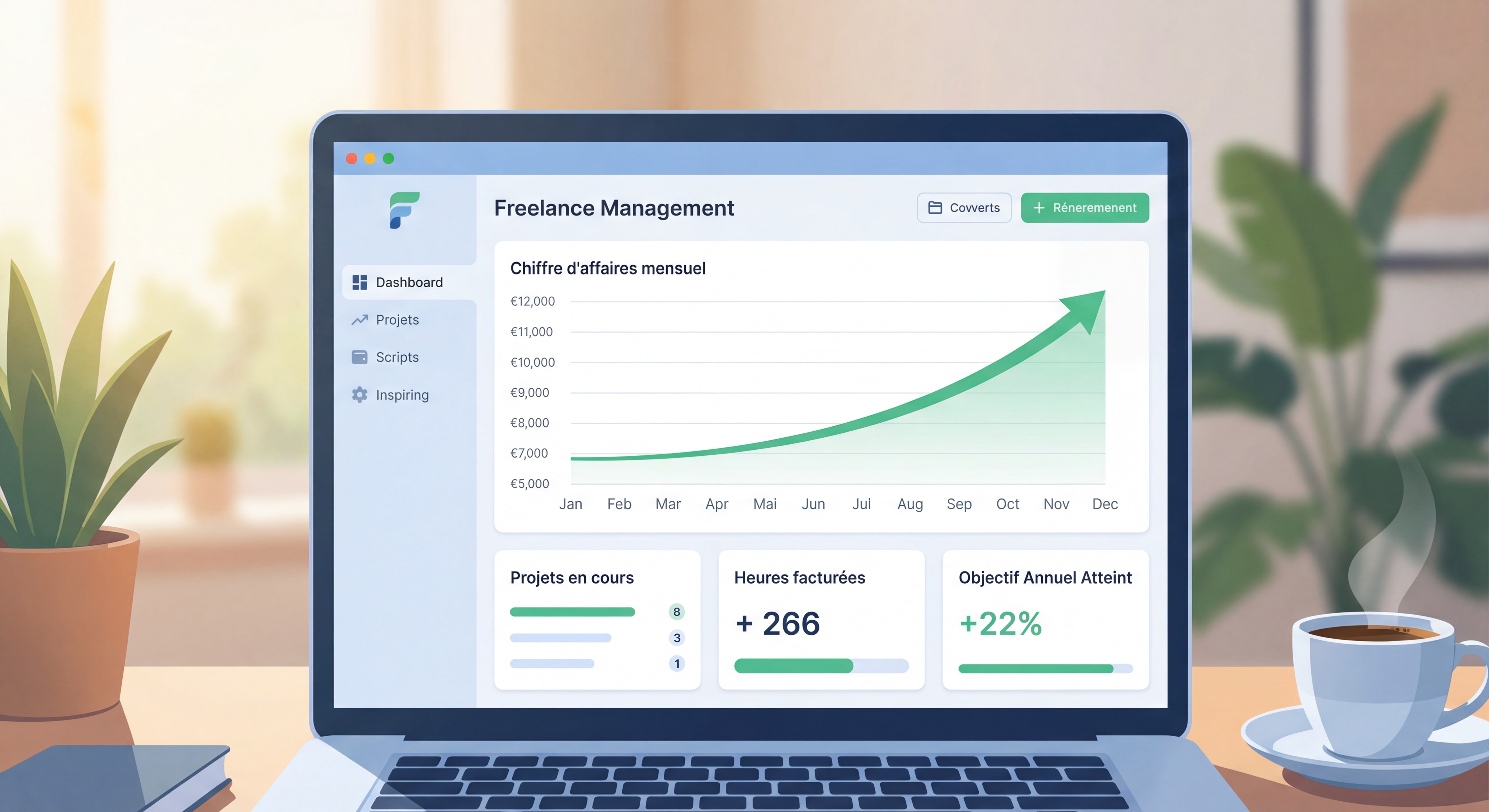 Dashboard d'outil de gestion freelance montrant le suivi du chiffre d'affaires mensuel avec courbe ascendante, interface clean et moderne, données inspirantes