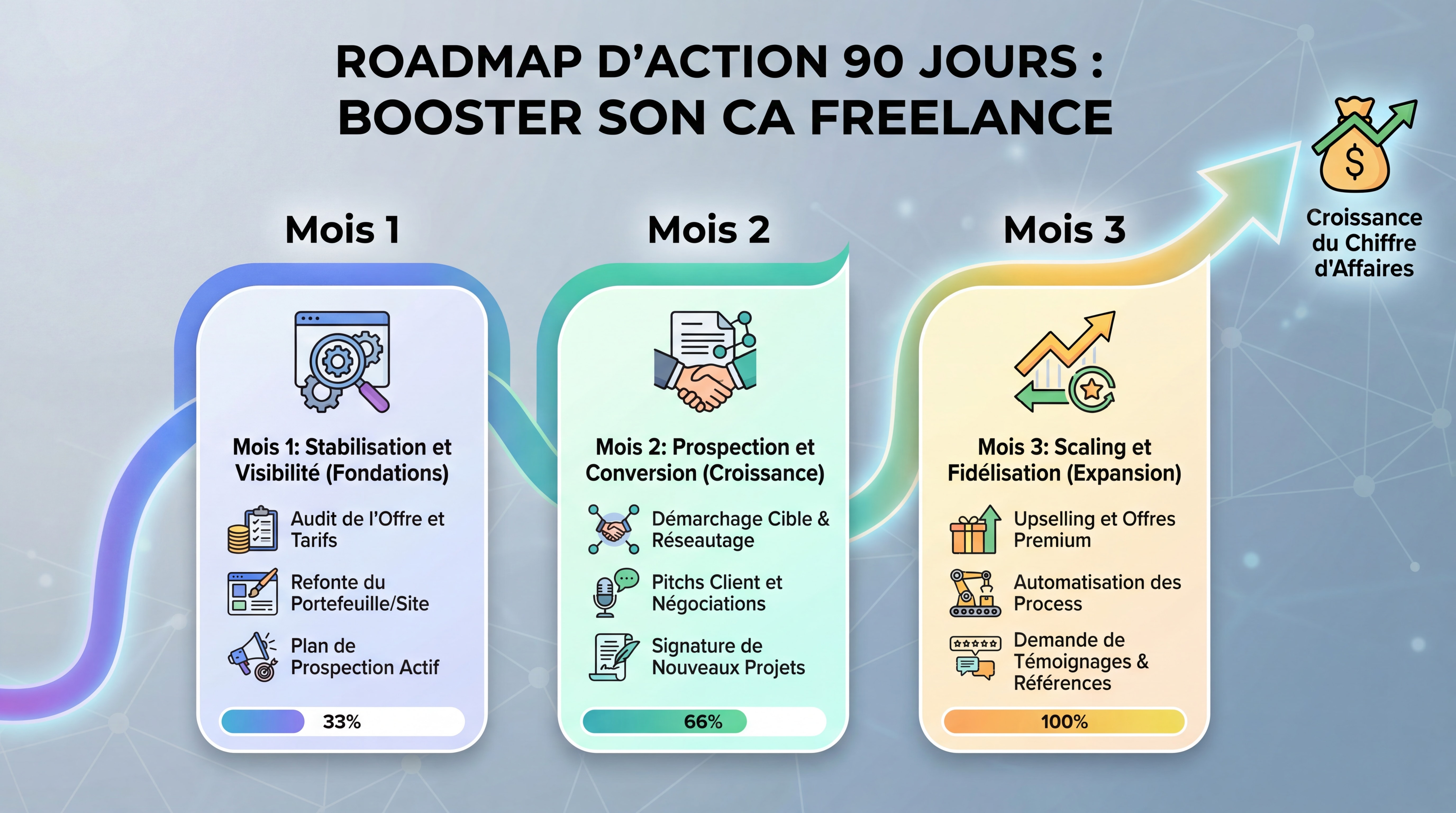 Schéma roadmap visuel du plan d'action 90 jours pour augmenter son CA freelance, avec 3 phases distinctes (Mois 1, 2, 3), style infographie moderne et actionnable