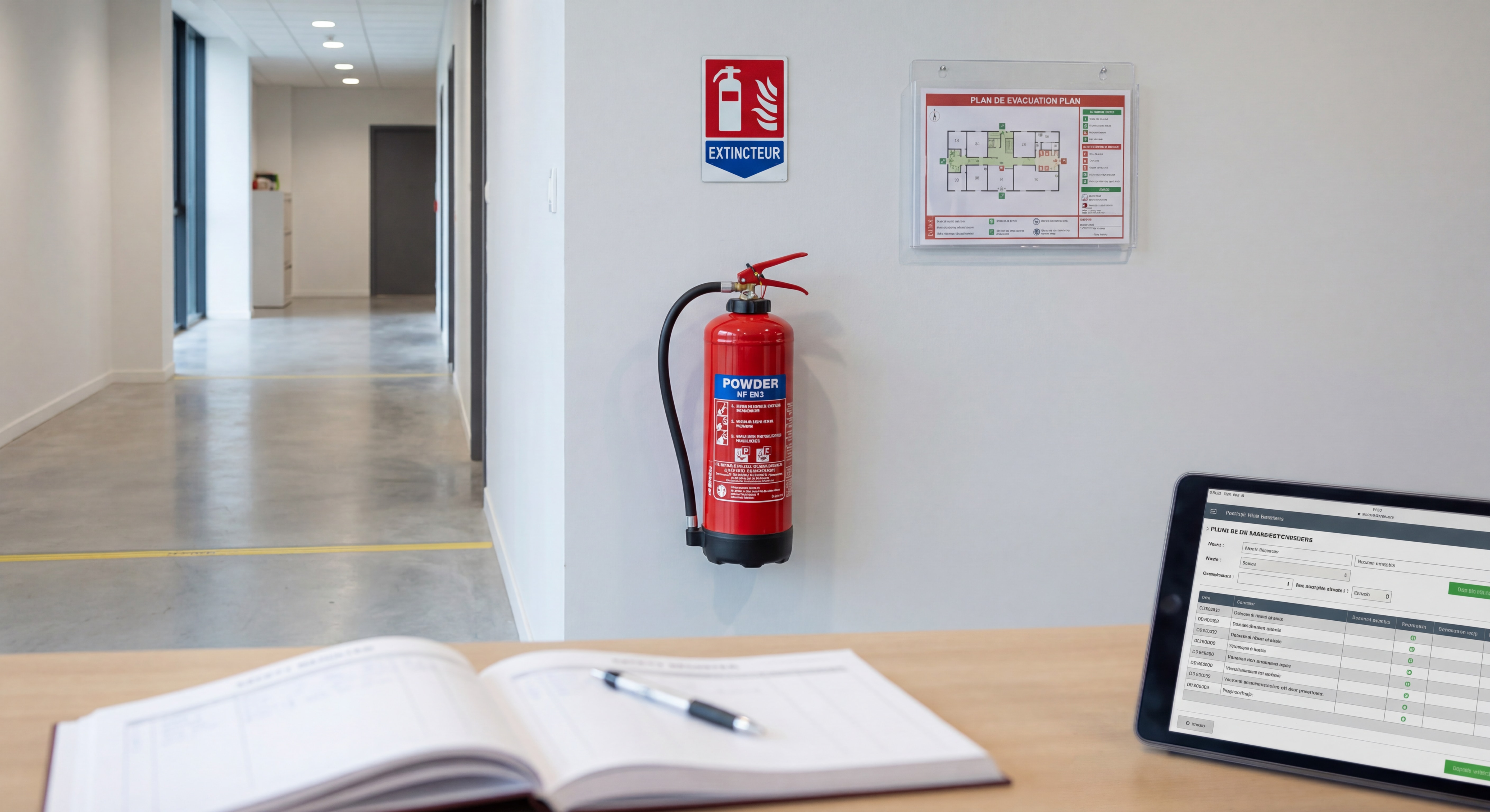 Extincteur professionnel certifié NF EN3 fixé au mur dans un établissement recevant du public, avec signalétique incendie visible et registre de sécurité au premier plan
