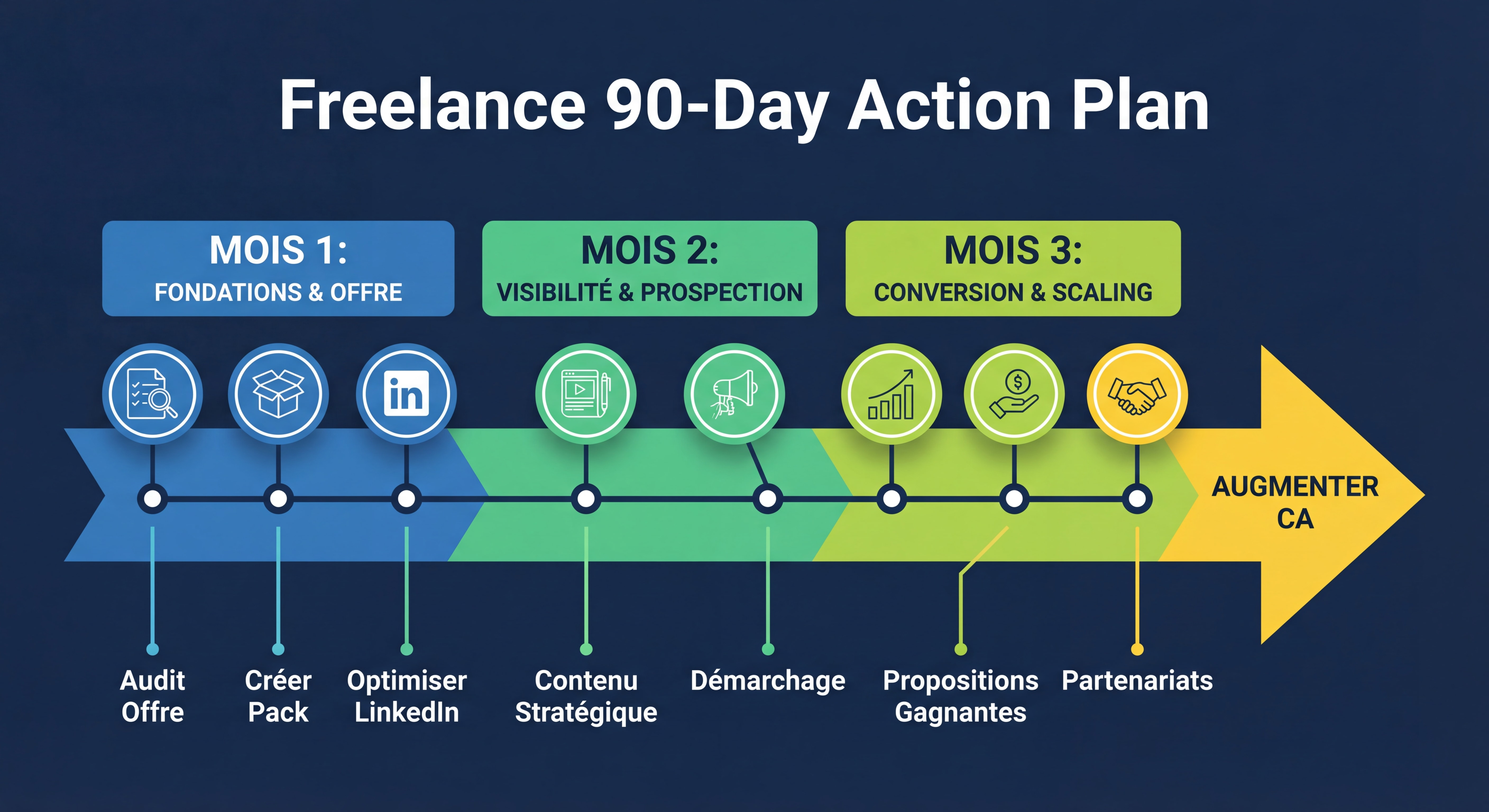Roadmap visuelle du plan d'action 90 jours pour augmenter son chiffre d'affaires freelance — timeline avec 3 mois d'étapes clés, style infographie moderne et actionnable
