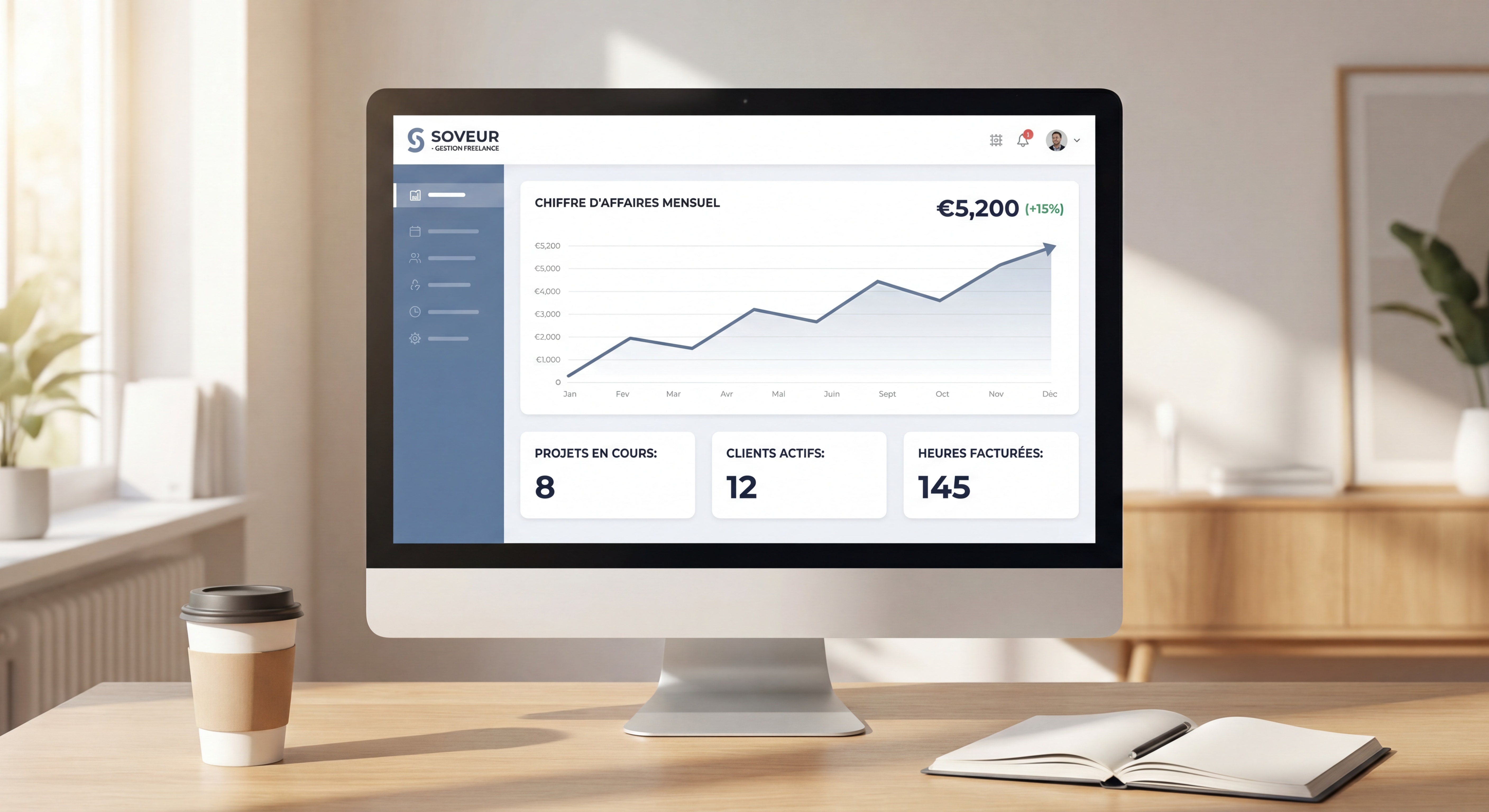 Dashboard moderne d'un outil de gestion freelance type Soveur montrant un suivi de chiffre d'affaires en progression, interface clean avec données inspirantes