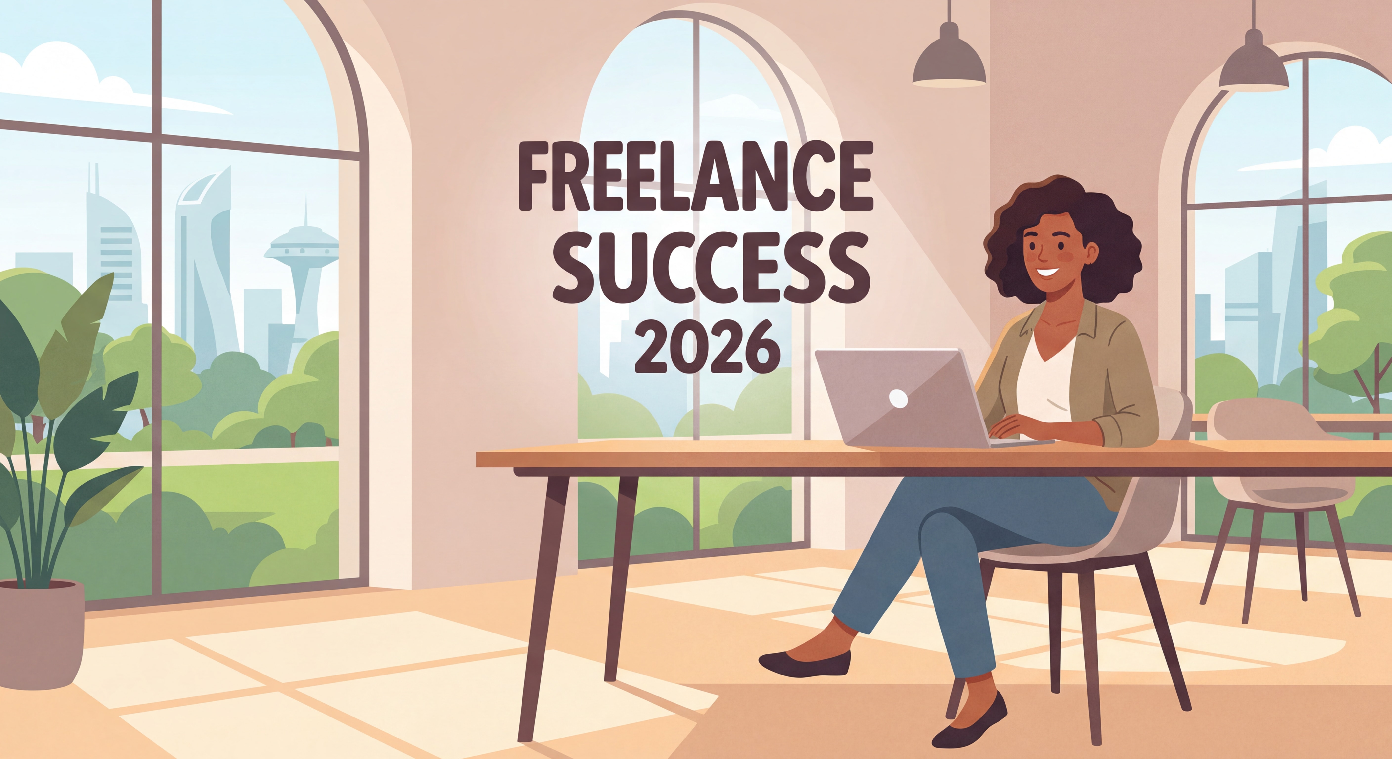 Indépendant(e) confiant(e) souriant devant un laptop dans un espace de travail moderne et lumineux, symbolisant la réussite freelance en 2026