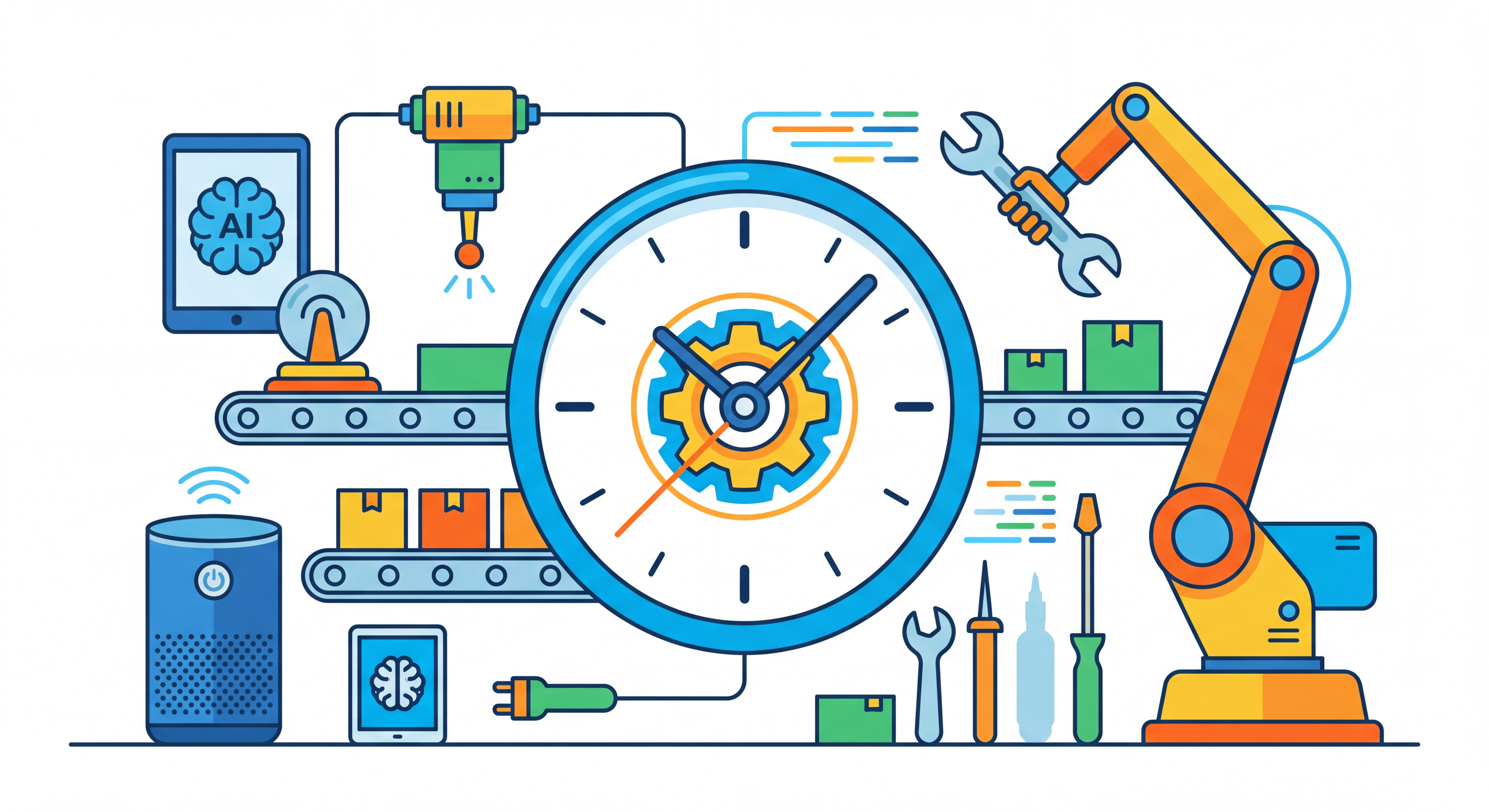 Illustration flat design moderne représentant le concept d'automation et de gain de temps avec engrenages, horloge, outils connectés et intelligence artificielle, couleurs vives et épurées