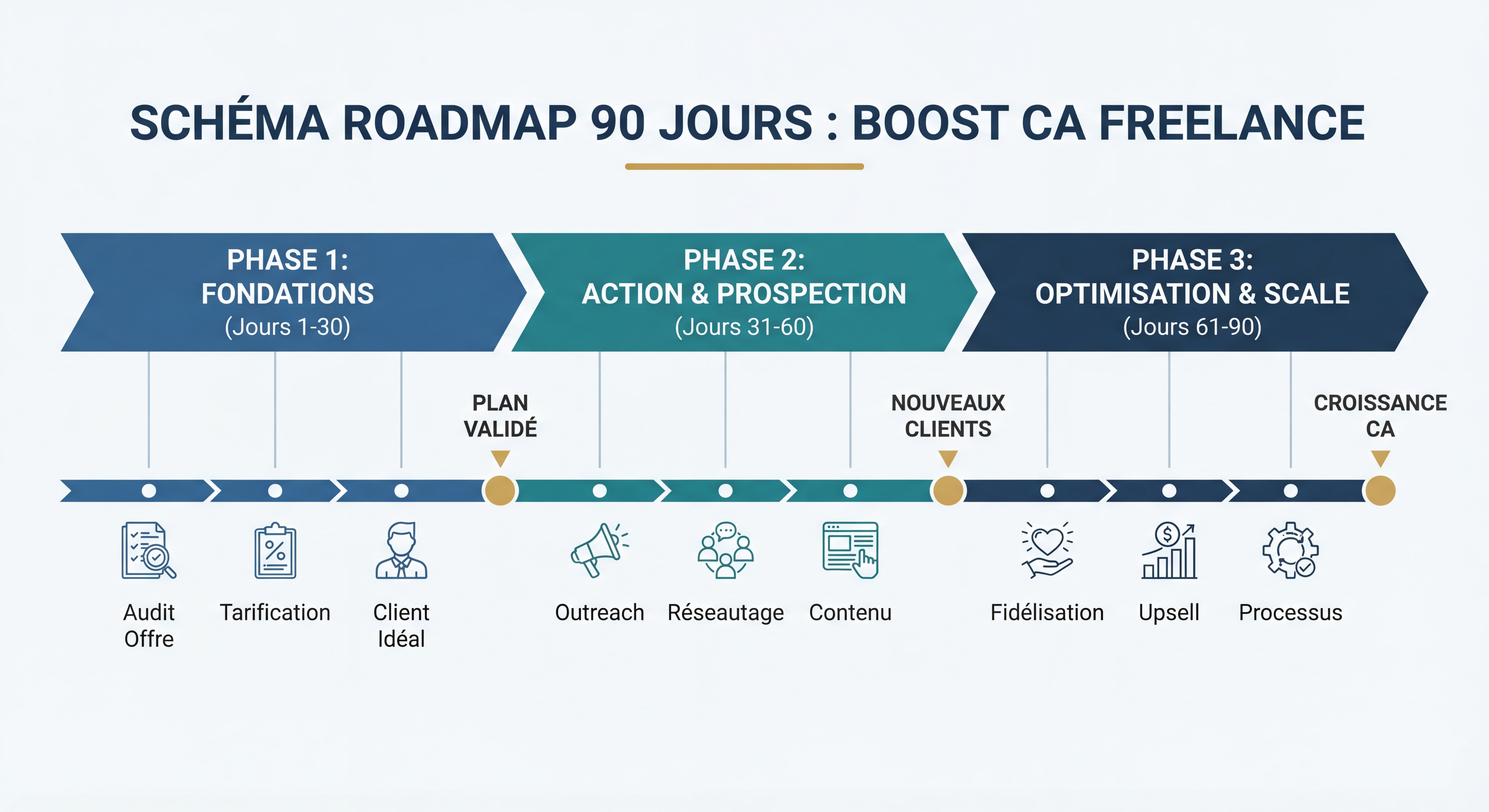 Schéma roadmap visuel du plan d'action 90 jours pour augmenter son chiffre d'affaires freelance, avec timeline, étapes clés et jalons, style infographie épurée