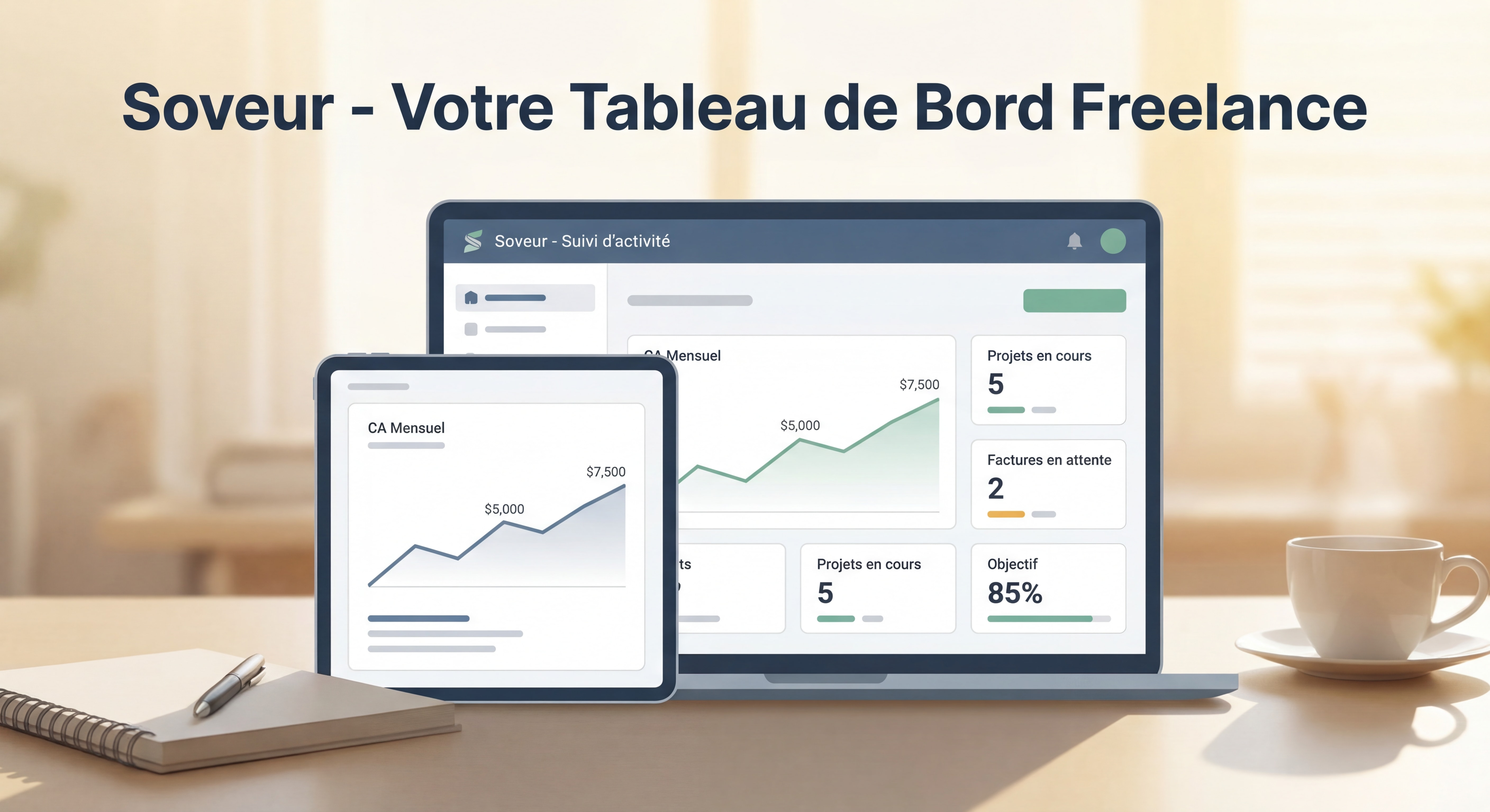 Mockup dashboard outil de gestion freelance type Soveur, interface moderne et épurée, données de suivi CA inspirantes, style clean et professionnel