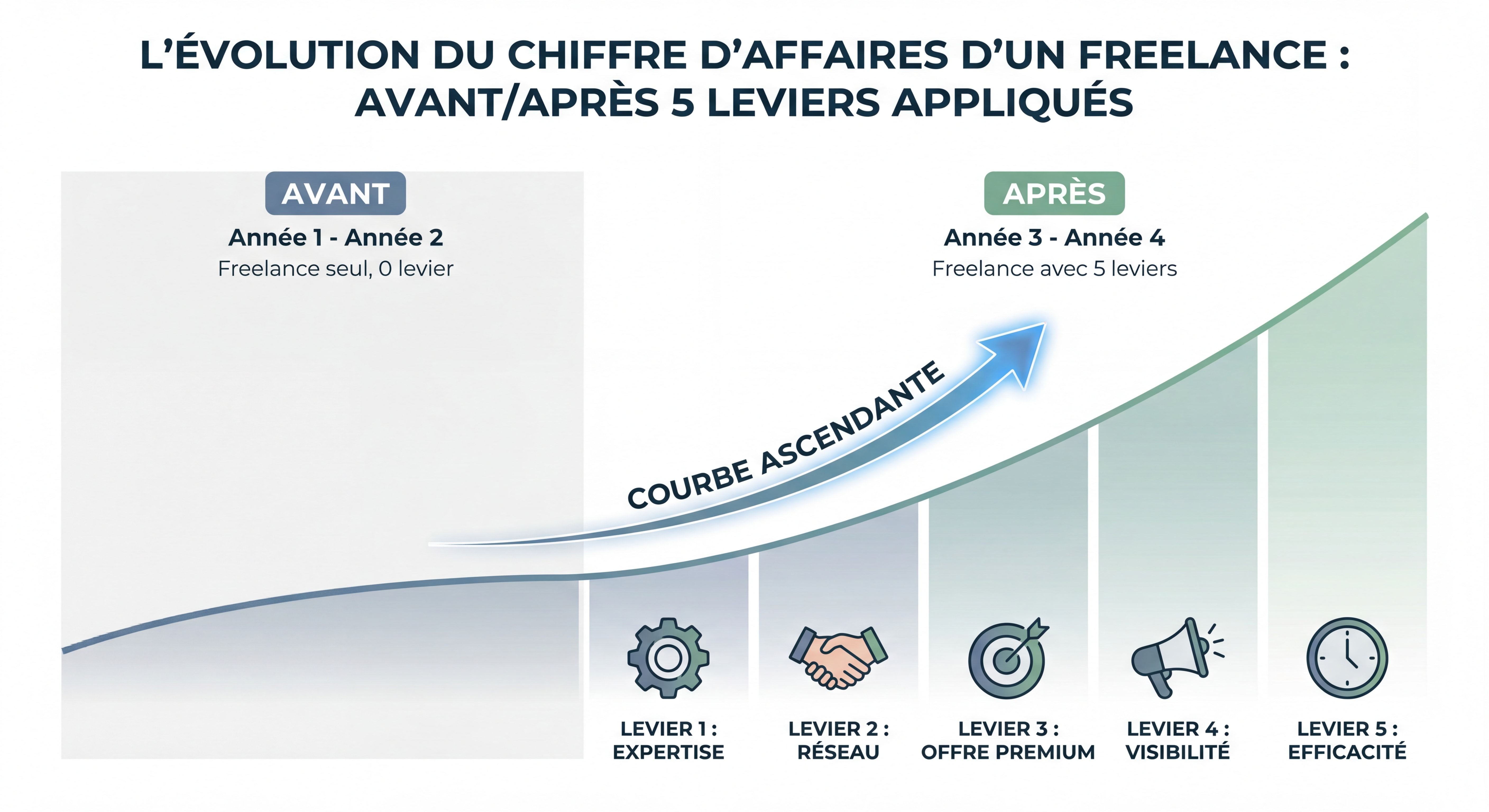 Infographie montrant l'évolution du chiffre d'affaires d'un freelance avec les 5 leviers appliqués — courbe ascendante avant/après, data visualisation moderne et épurée