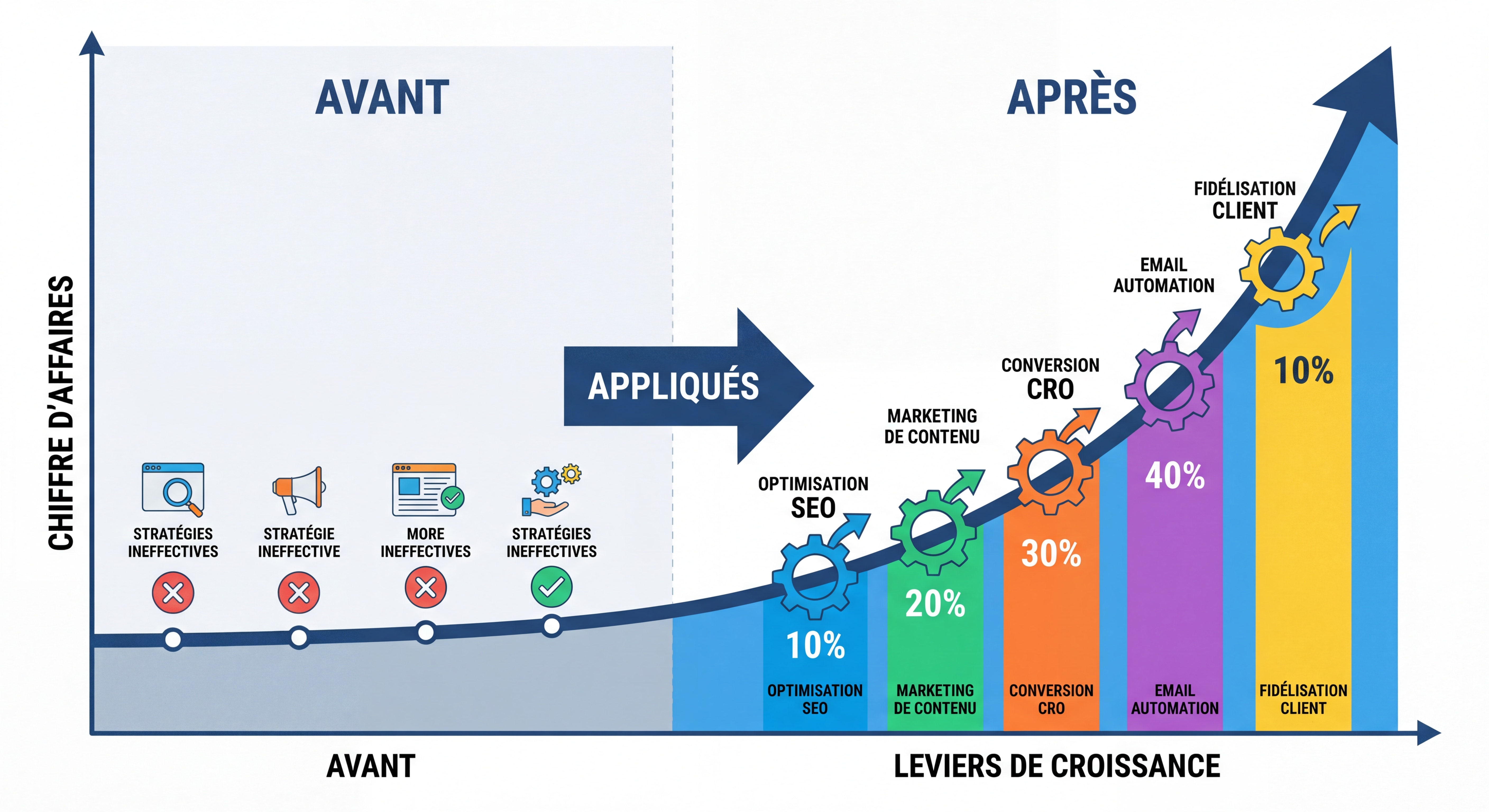 Infographie moderne montrant une courbe d'évolution du chiffre d'affaires avec les 5 leviers appliqués, avant et après, en data visualization claire et colorée