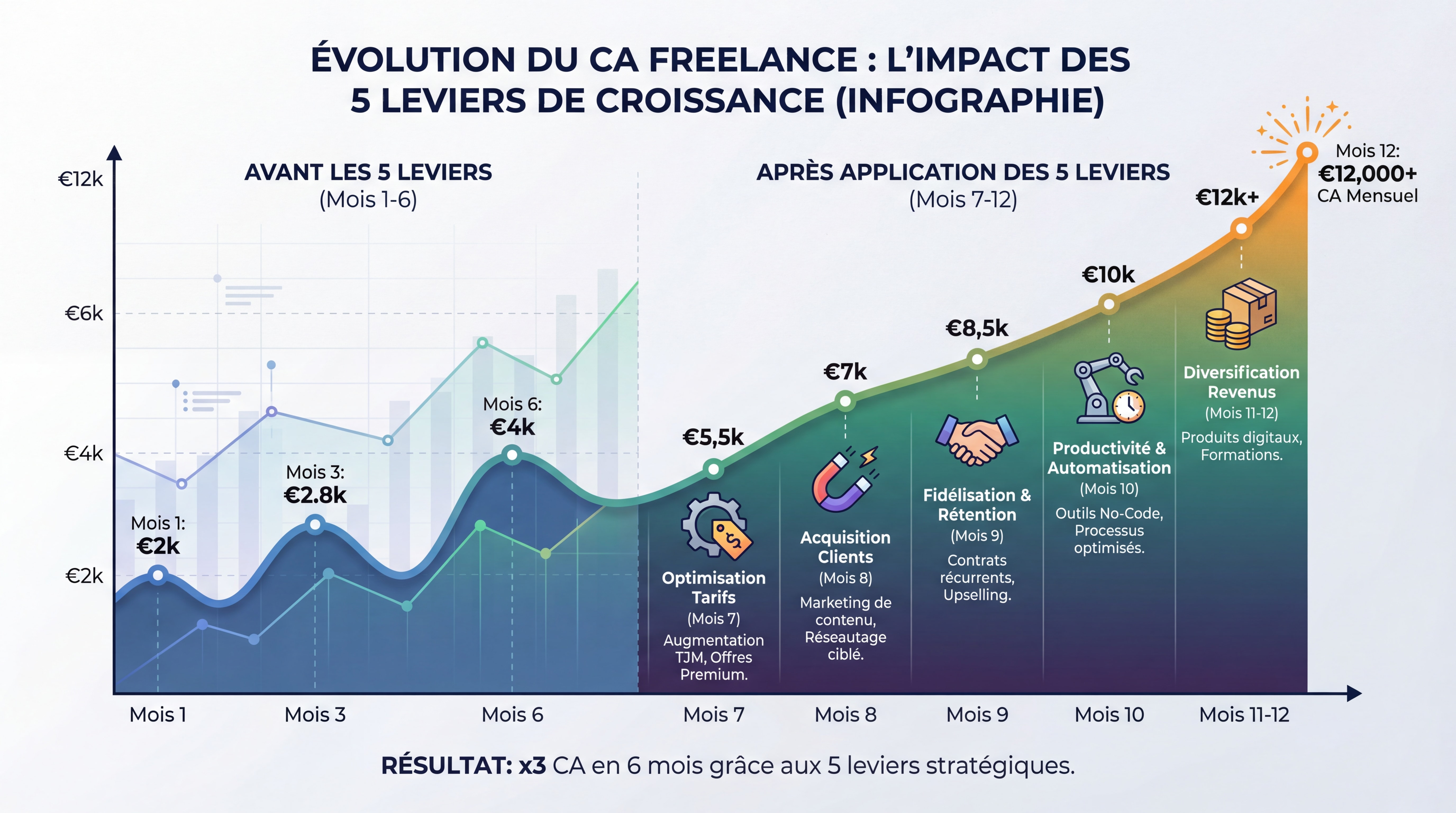 Infographie montrant l'évolution du CA d'un freelance sur 12 mois avec application des 5 leviers, courbe ascendante avant/après, style data visualization moderne