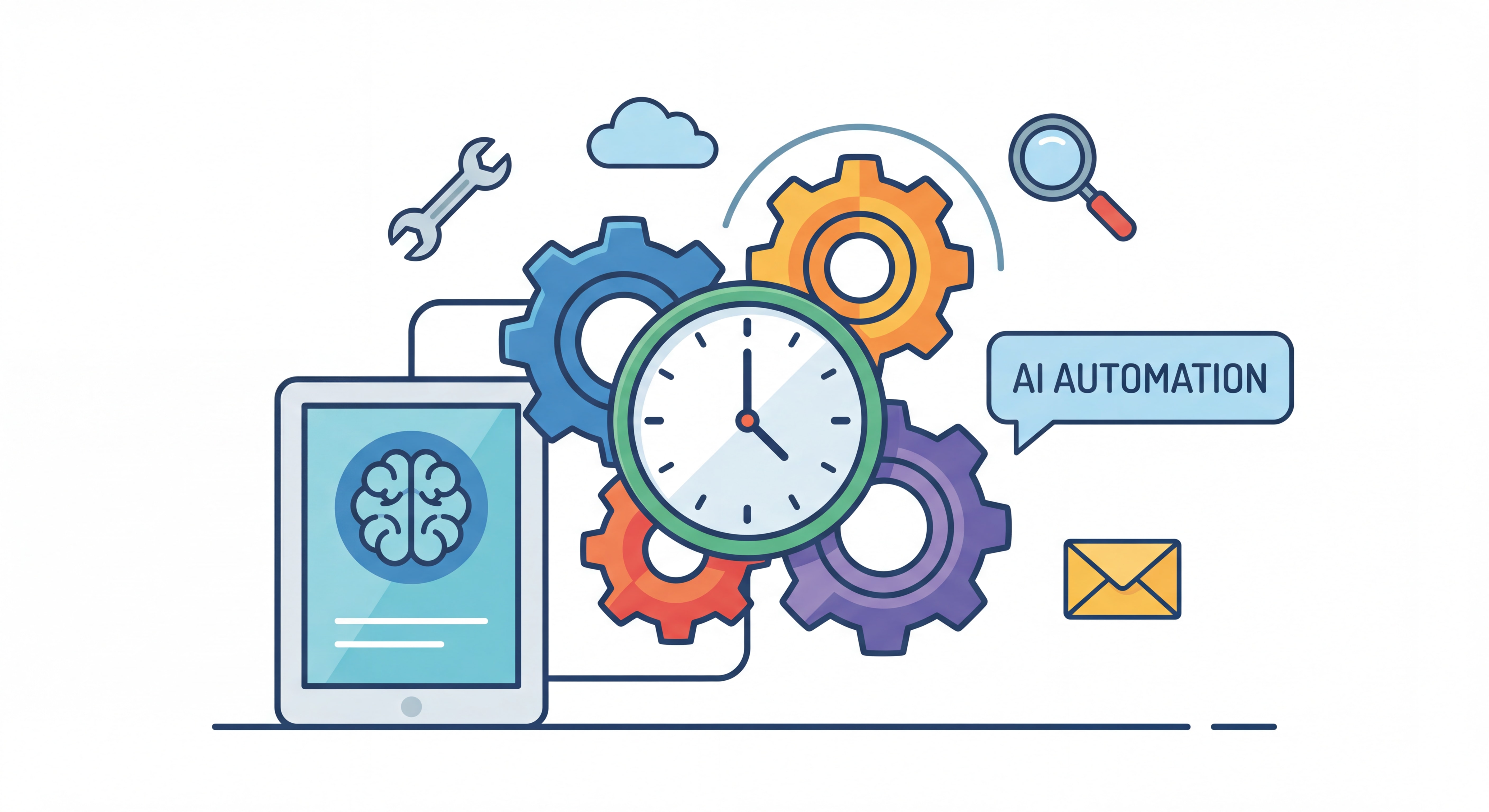 Illustration flat design représentant l'automation et le gain de temps, engrenages connectés, horloge, interface IA, outils numériques, style épuré et couleurs vives professionnelles