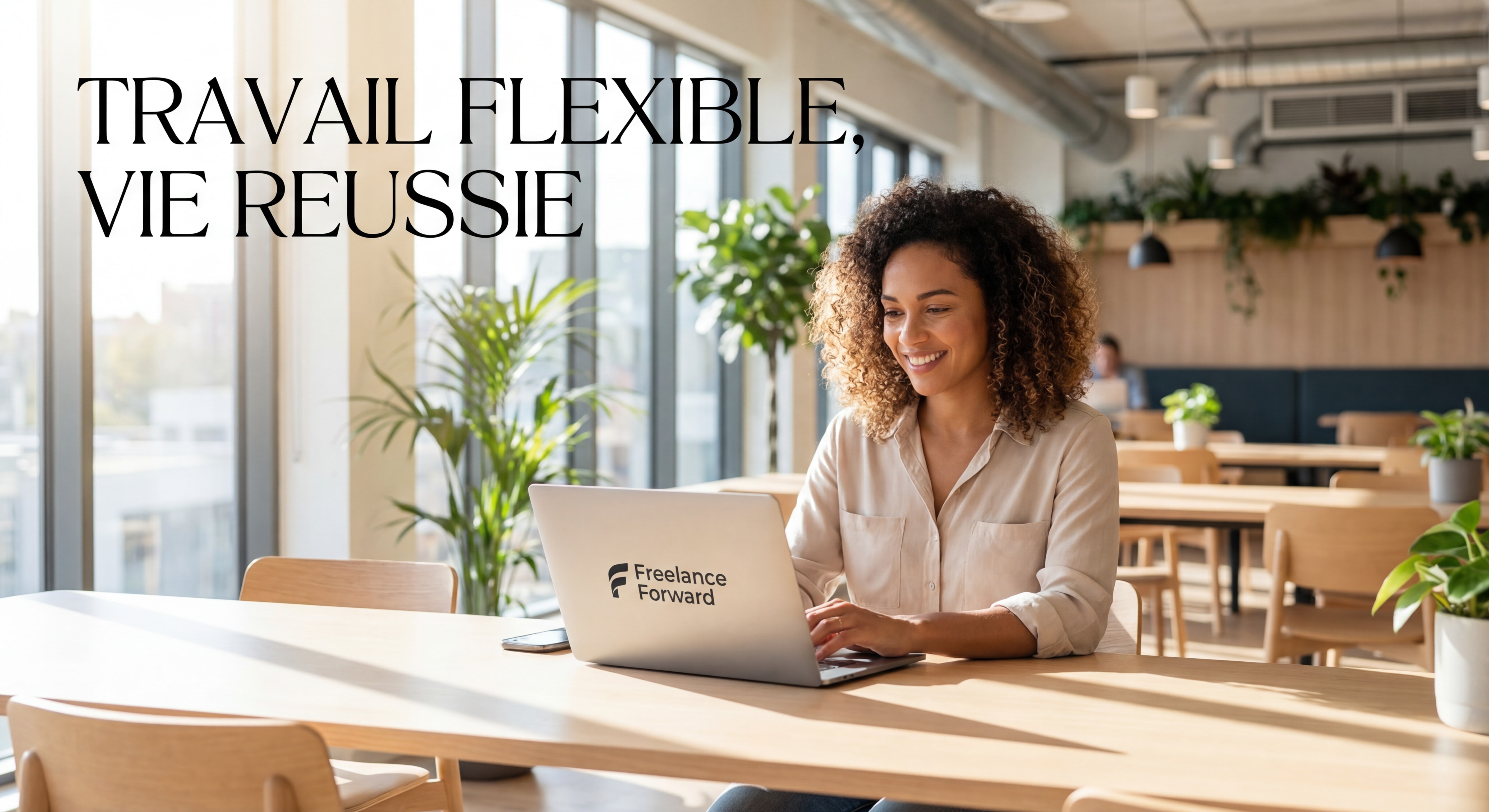 Indépendant(e) souriant(e) devant un laptop dans un espace de coworking moderne, posture confiante, lumière naturelle, ambiance inspirante