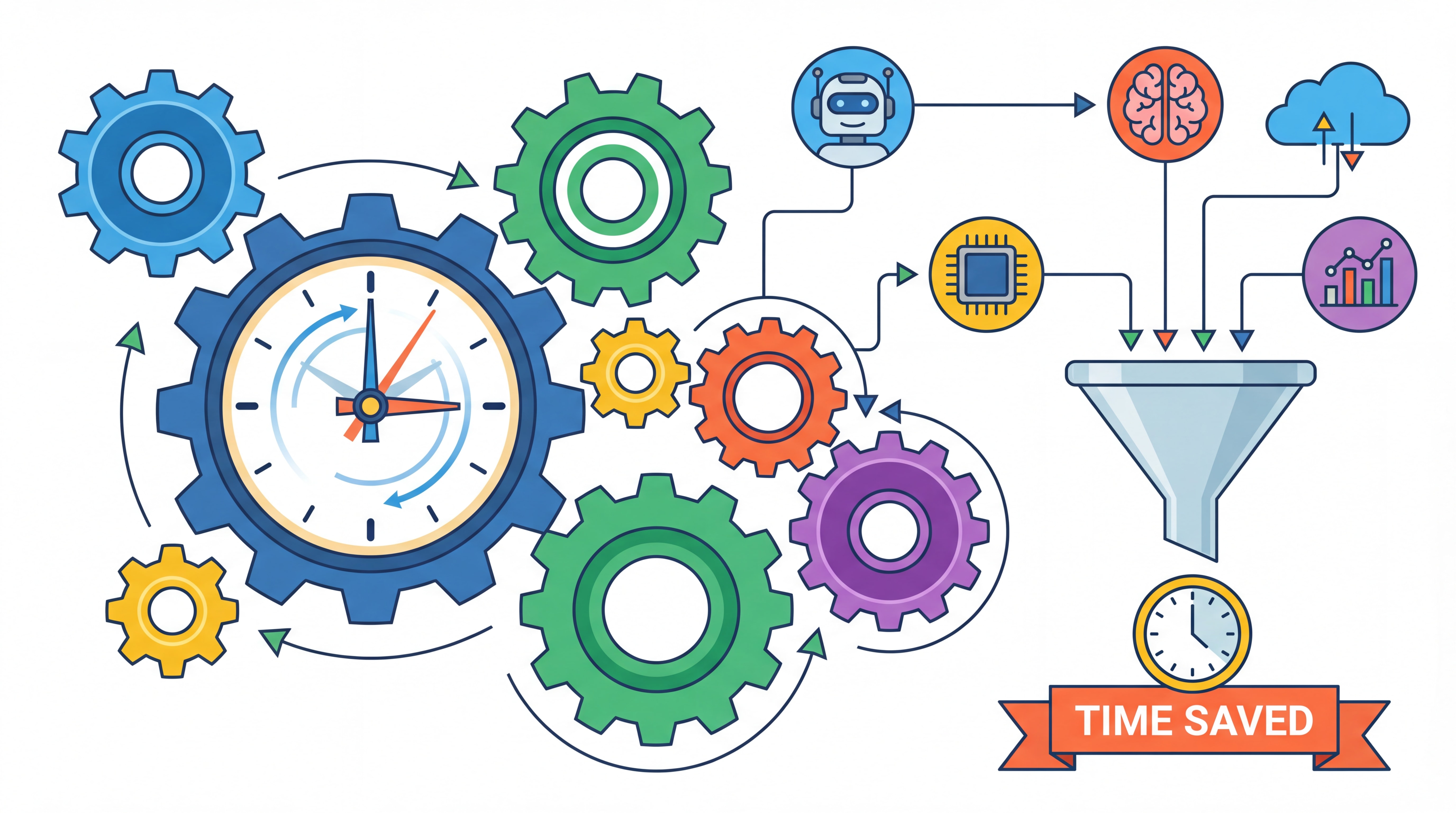 Illustration flat design moderne représentant l'automation et le gain de temps — engrenages connectés, horloge, icônes d'outils IA, palette de couleurs vives et professionnelles