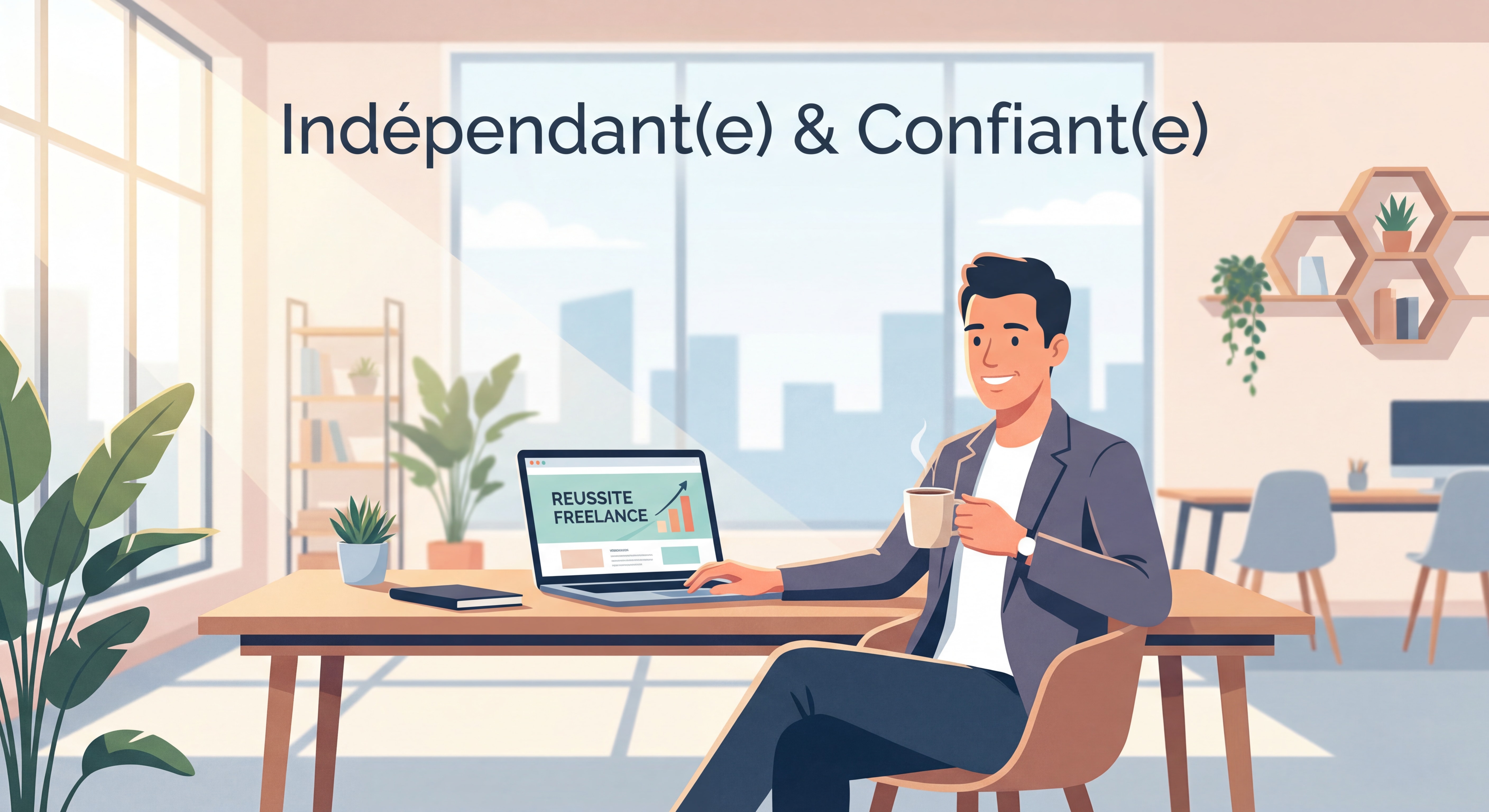 Indépendant(e) confiant(e) souriant devant un laptop dans un espace de travail moderne et lumineux, symbolisant la réussite en freelance