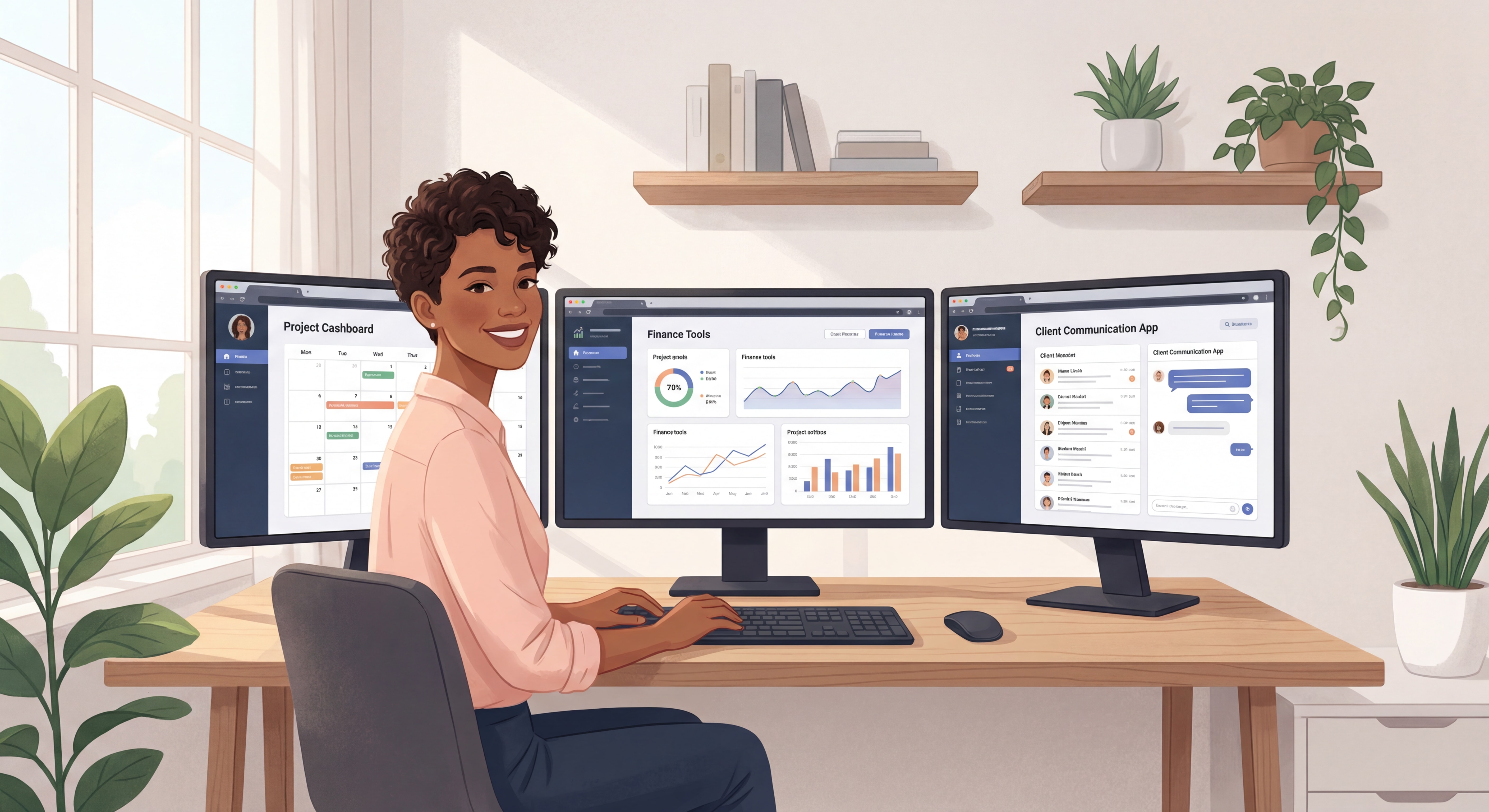 Indépendant(e) souriant(e) devant un setup multi-écrans moderne avec des dashboards d'outils freelance ouverts, lumière naturelle, bureau épuré et professionnel