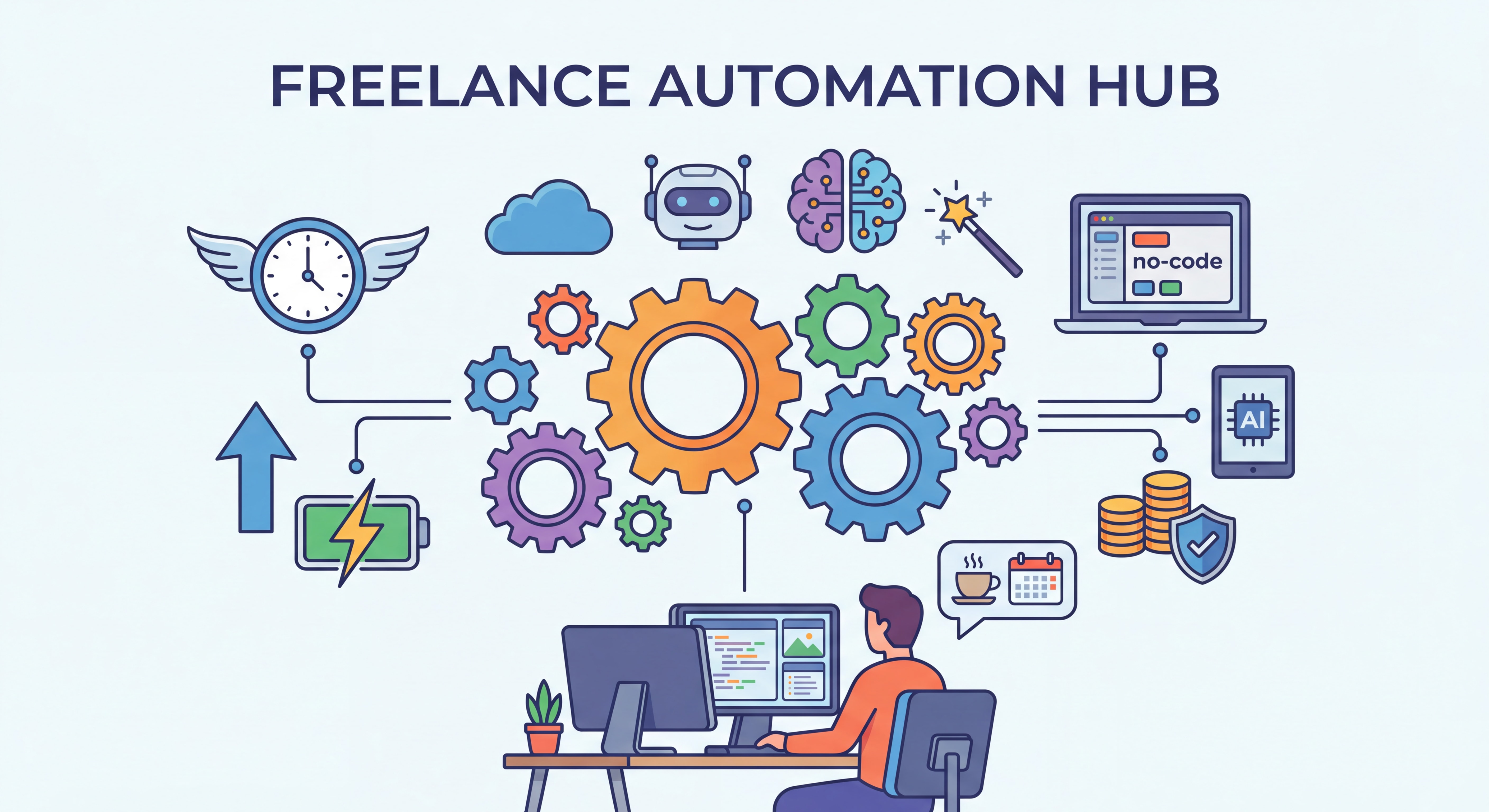 Illustration flat design moderne représentant l'automation freelance - engrenages connectés, horloge, outils IA et no-code, symboles de gain de temps et d'efficacité