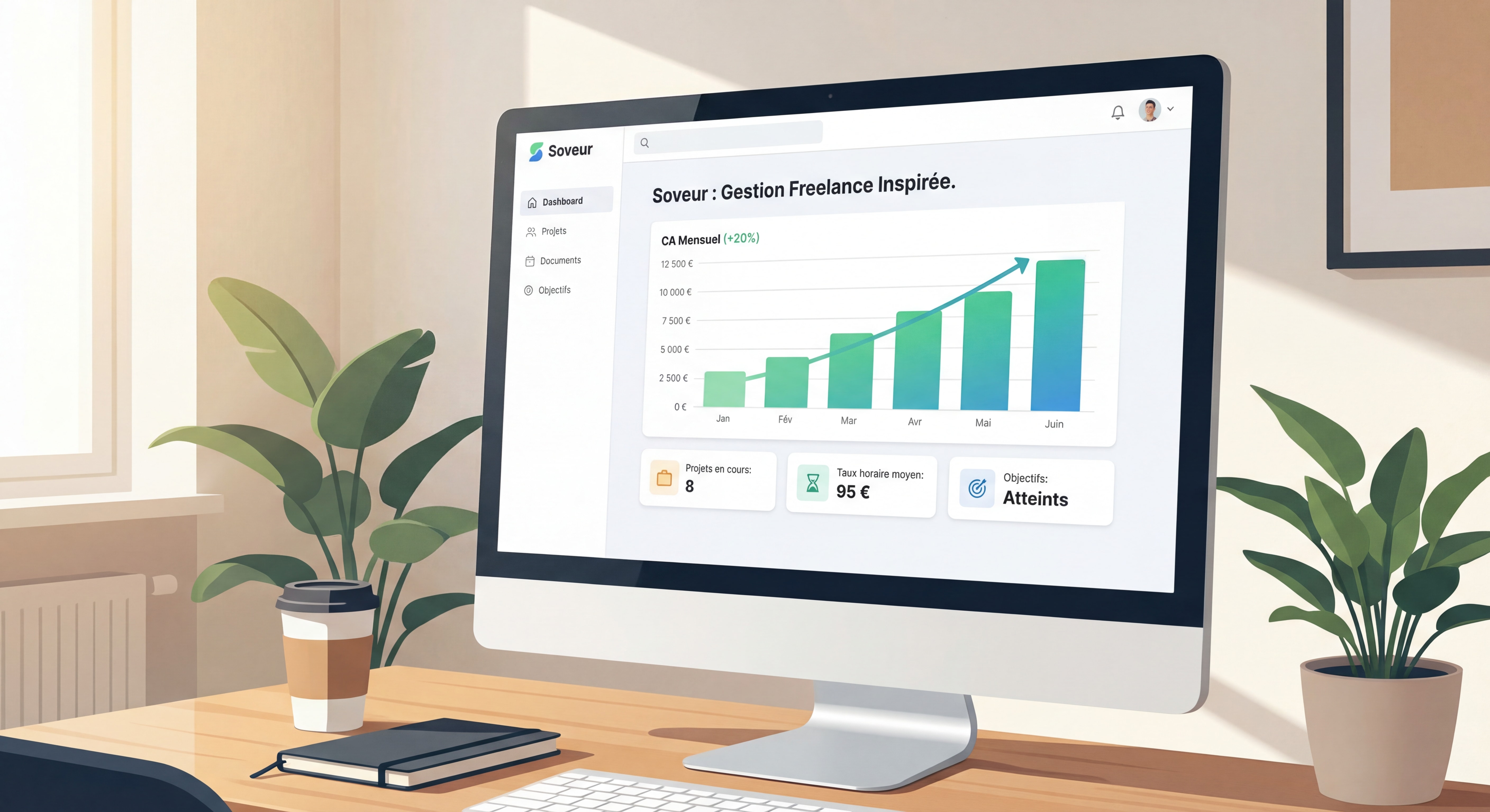 Dashboard moderne d'un outil de gestion freelance (style Soveur) montrant un suivi de chiffre d'affaires mensuel en progression, interface épurée, données inspirantes