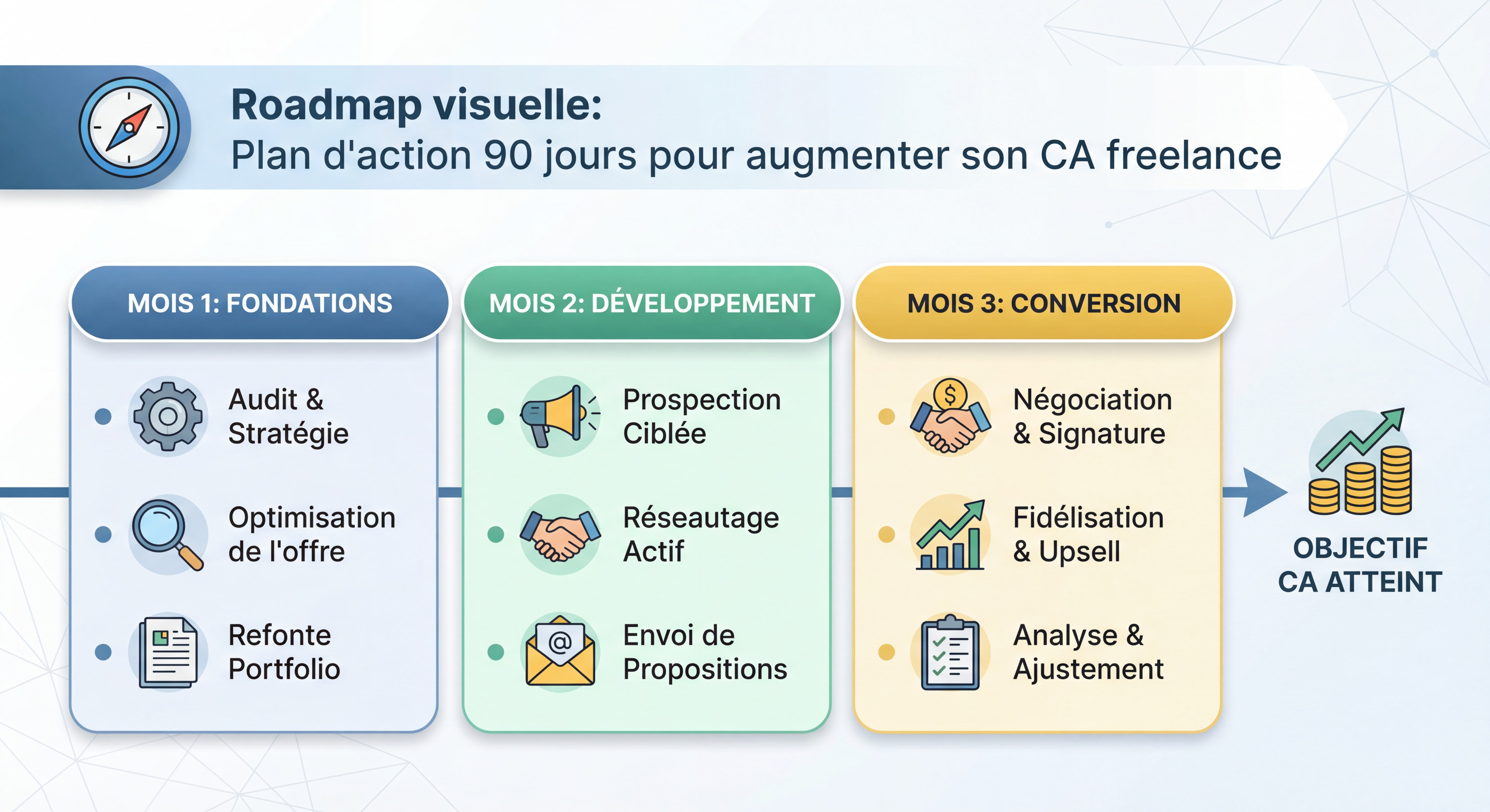Roadmap visuelle plan d'action 90 jours pour augmenter son CA freelance - timeline avec 3 étapes mensuelles, icônes et jalons clés, style infographie moderne et épuré