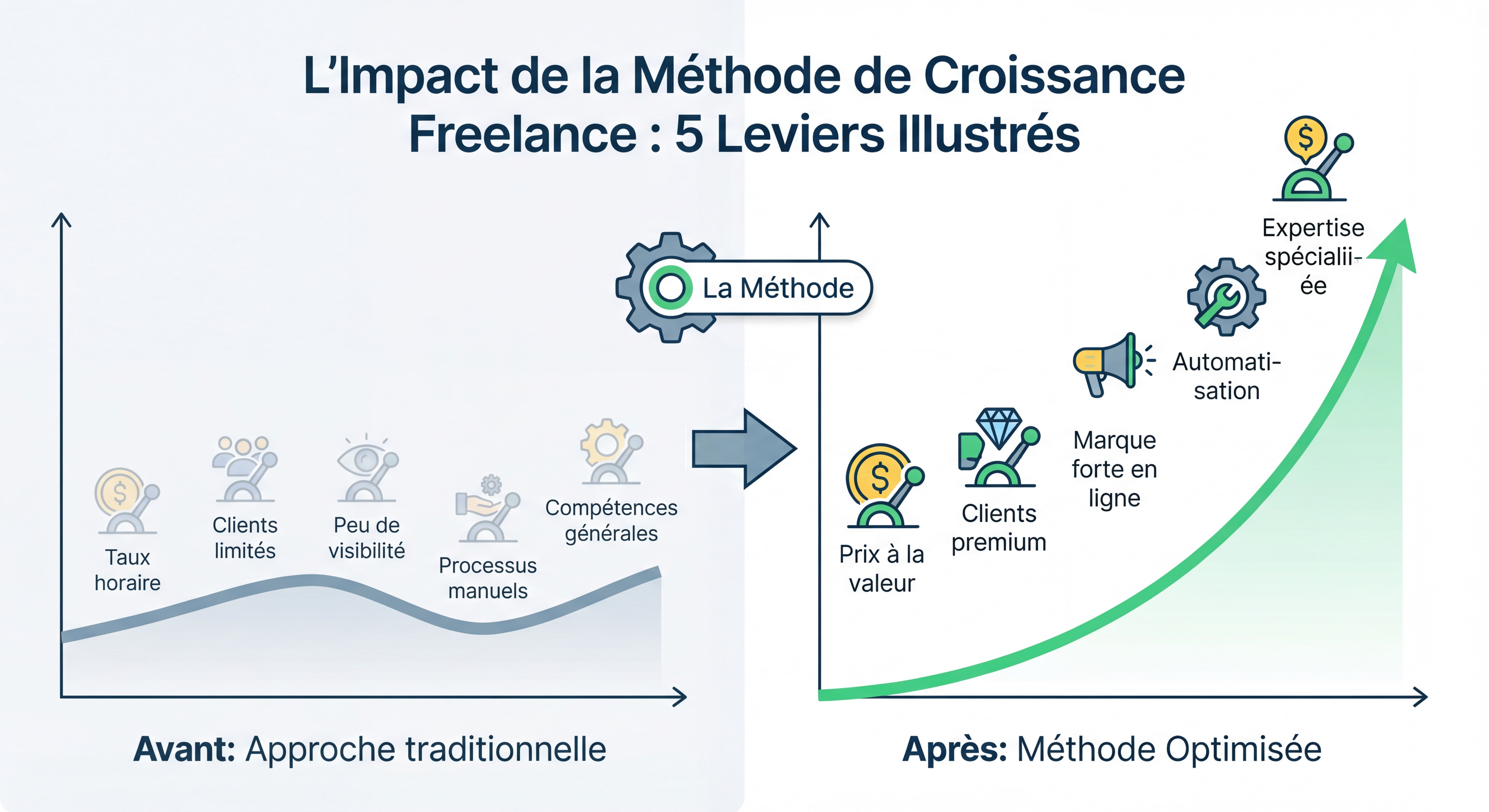 Infographie montrant une courbe ascendante de chiffre d'affaires freelance avec les 5 leviers de croissance illustrés, avant et après application de la méthode