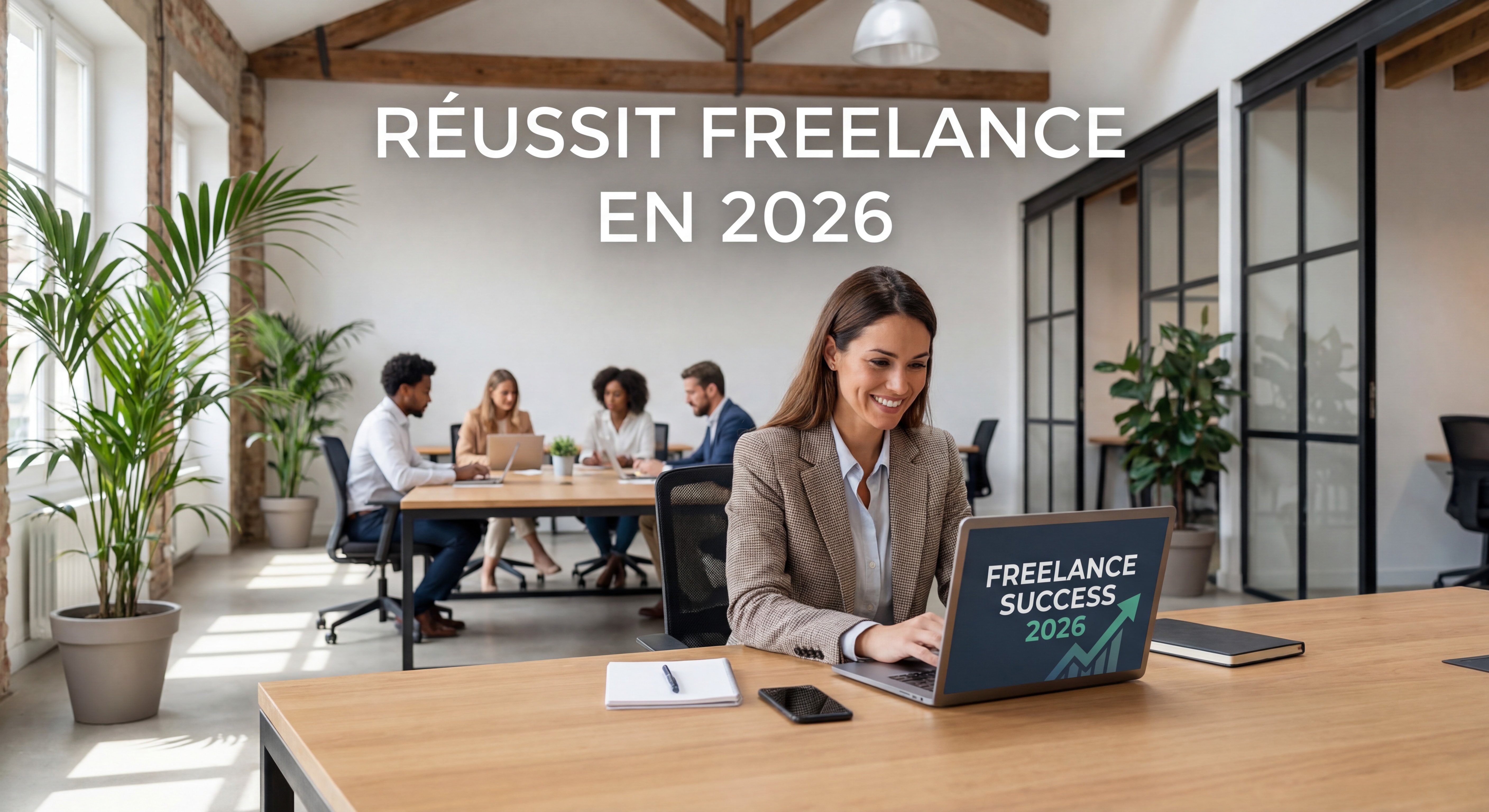 Indépendant(e) confiant(e) souriant devant un laptop dans un espace de coworking moderne et lumineux, symbolisant la réussite freelance en 2026