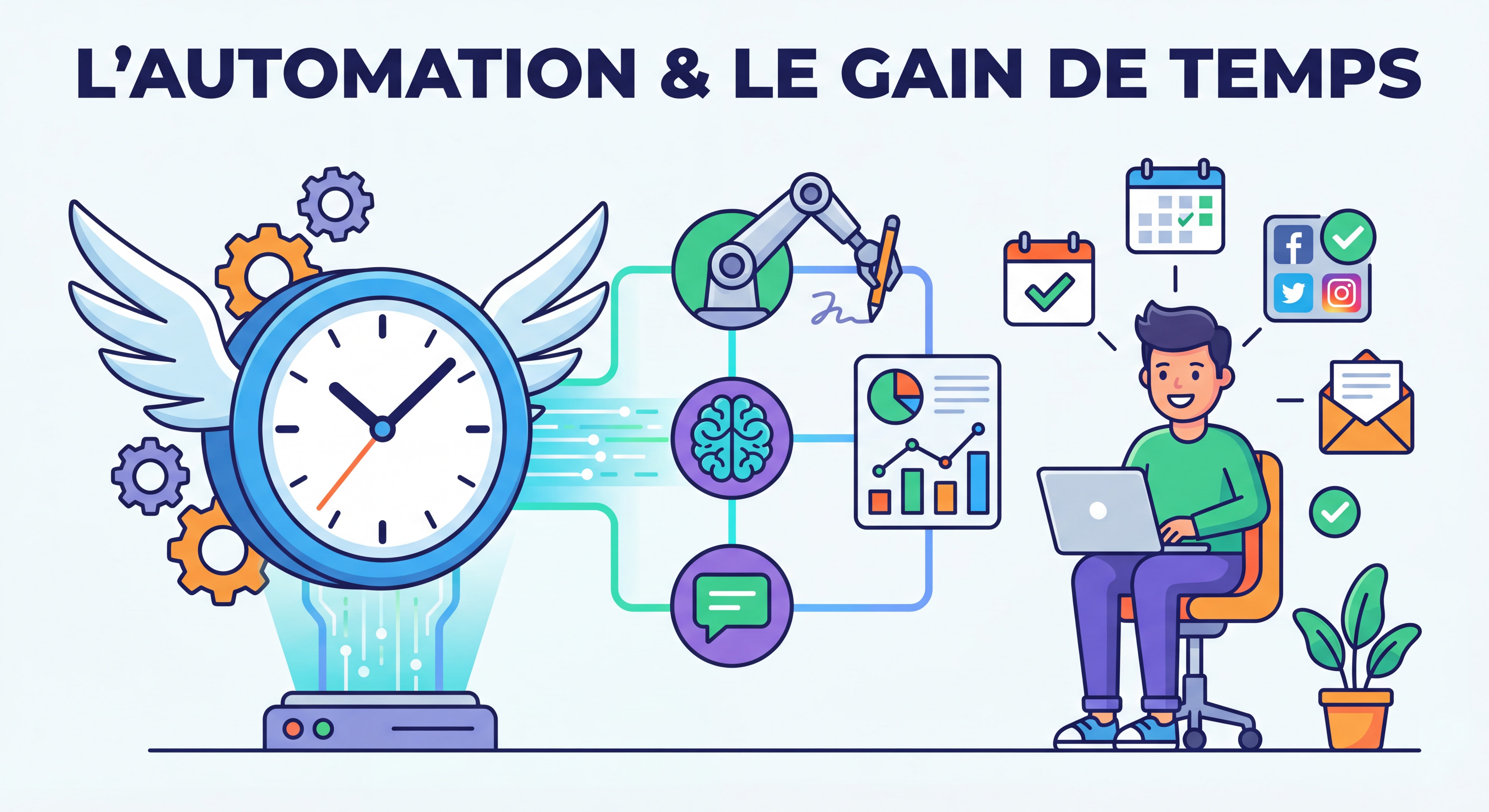 Illustration flat design moderne représentant l'automation et le gain de temps pour un freelance — engrenages, horloge, outils IA connectés, couleurs vives et épurées