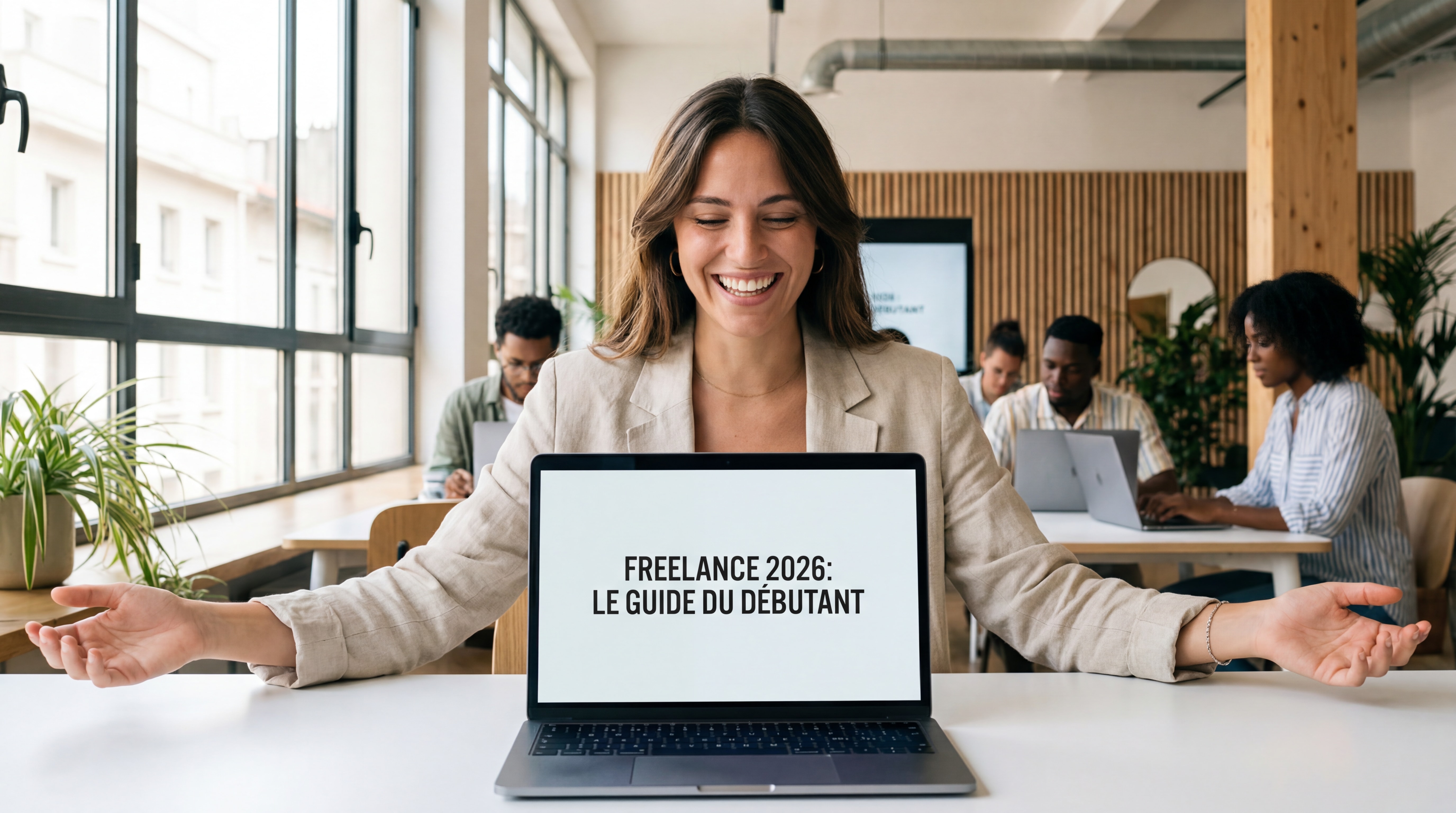 Jeune indépendant(e) confiant(e) devant un laptop dans un espace de coworking moderne, souriant, posture ouverte, lumière naturelle — hero image guide freelance débutant 2026