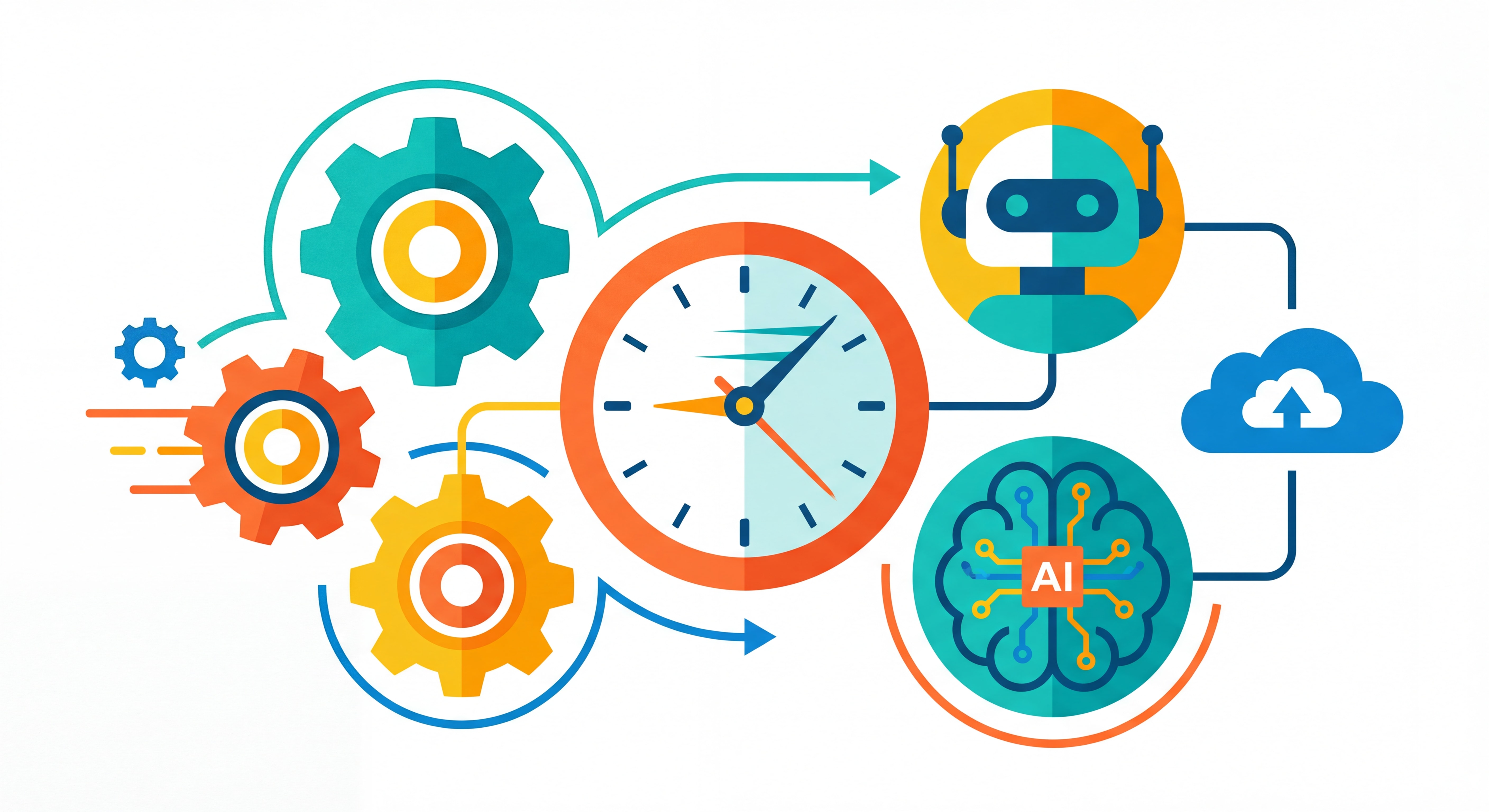 Illustration flat design moderne représentant l'automation et le gain de temps — engrenages connectés, horloge, outils IA, couleurs vives et épurées sur fond clair