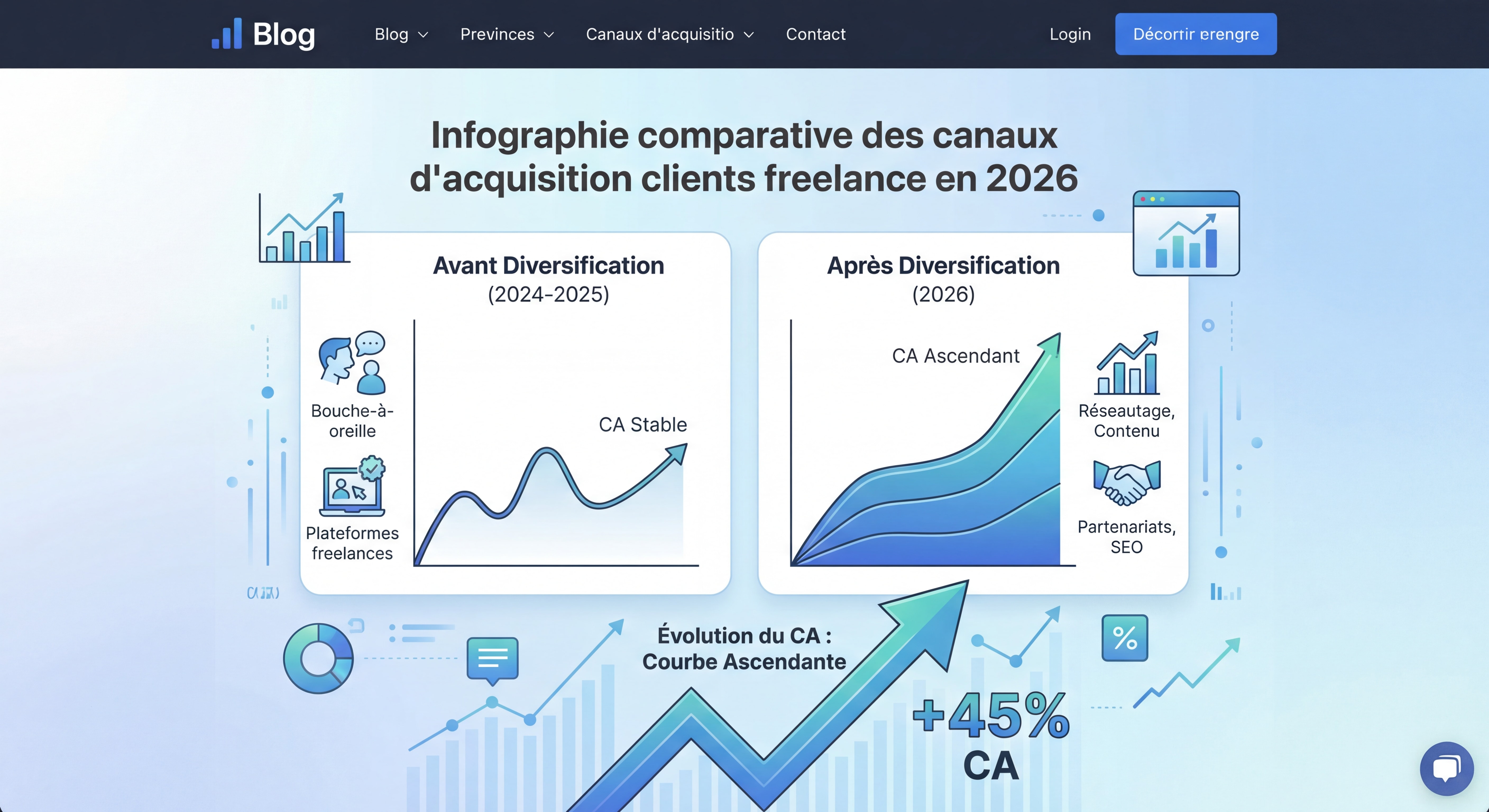 Infographie comparative des canaux d'acquisition clients freelance en 2026 - courbe ascendante montrant l'évolution du CA avant et après diversification des sources de clients