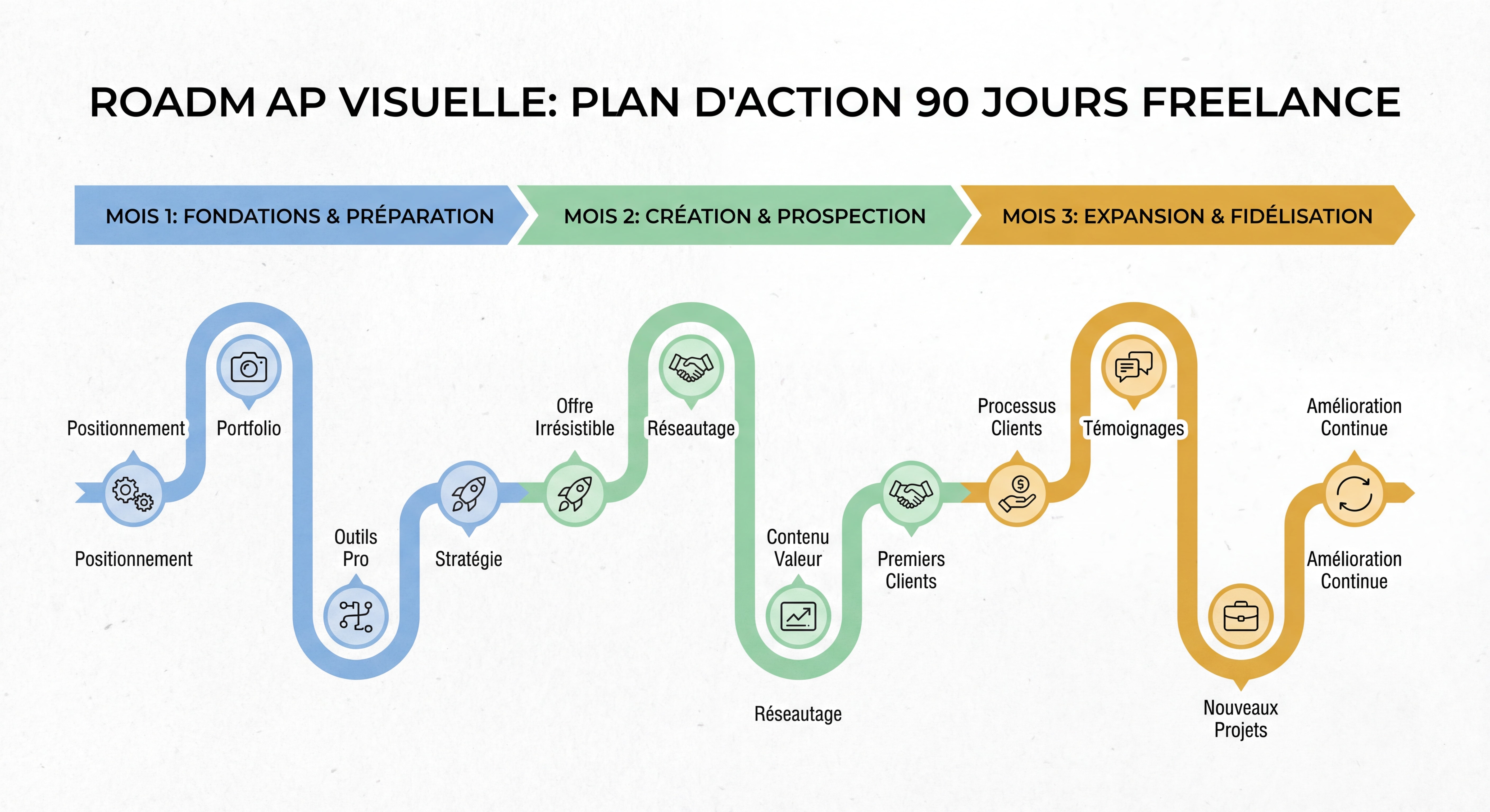Roadmap visuelle plan d'action 90 jours freelance — timeline infographique avec 3 phases mensuelles, étapes clés colorées, design épuré et actionnable