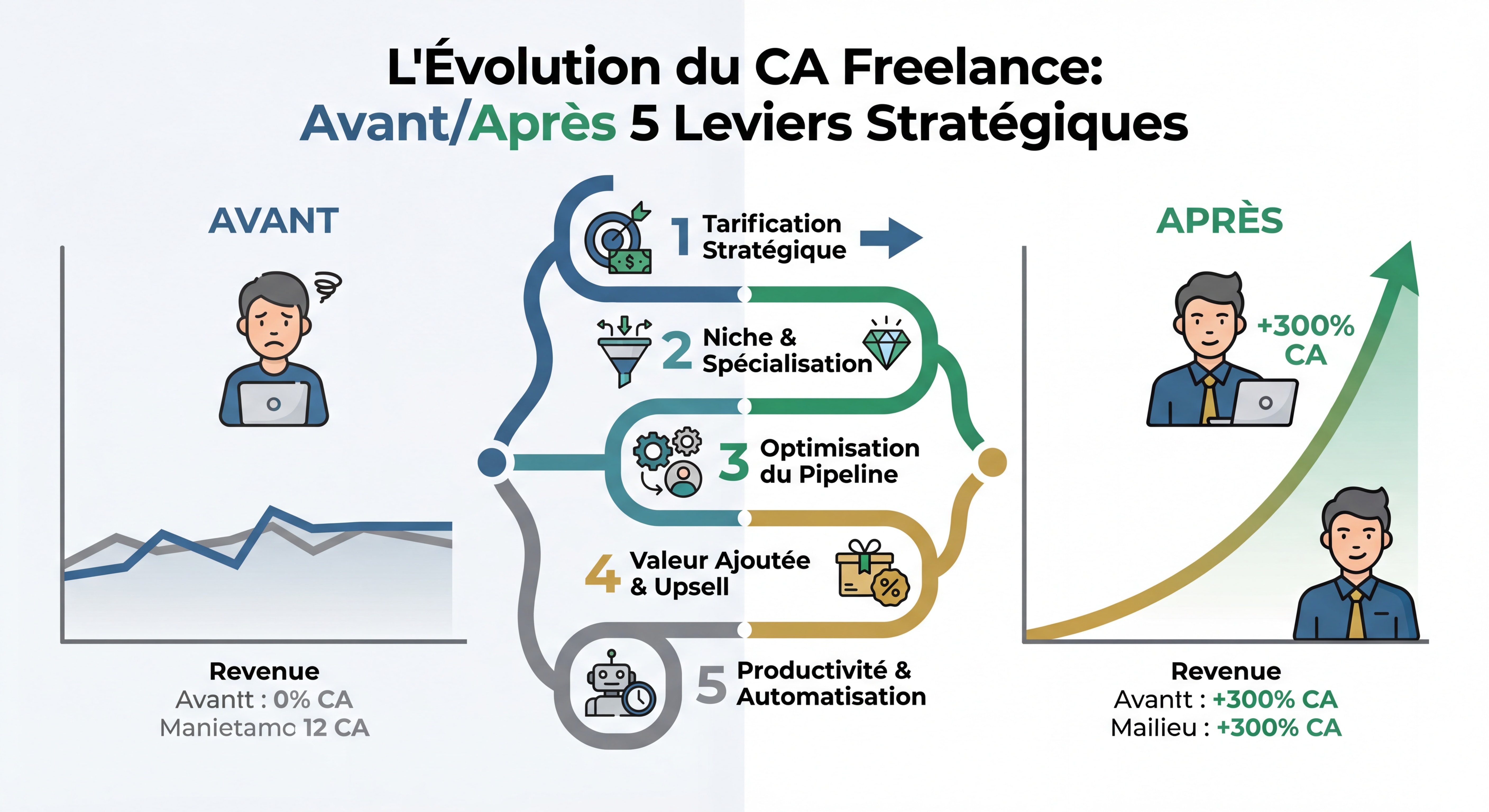 Infographie moderne montrant l'évolution du CA freelance avec les 5 leviers appliqués — courbe ascendante avant/après, design épuré avec palette de couleurs professionnelles