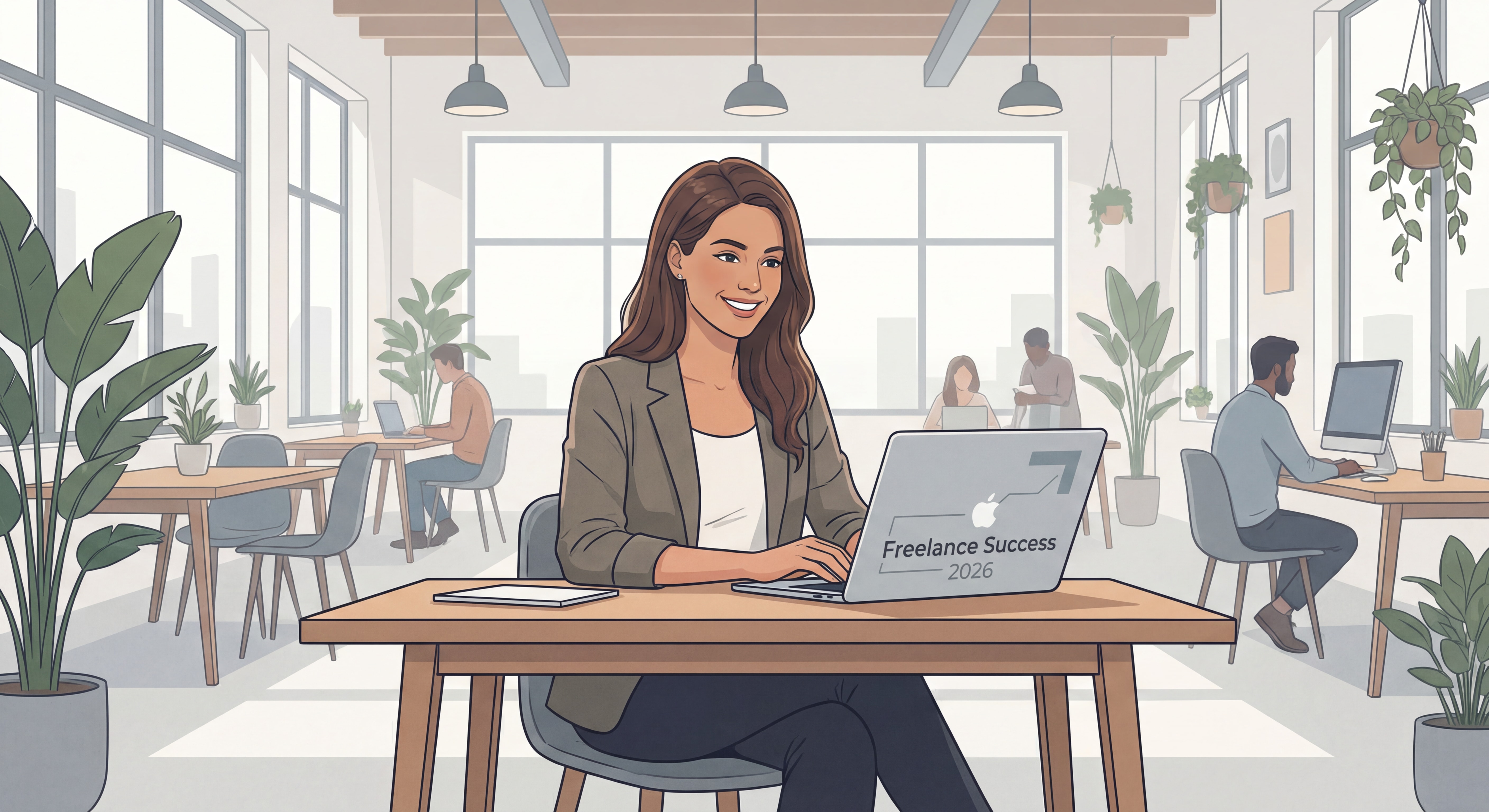 Indépendant(e) confiant(e) travaillant sur un laptop dans un espace de coworking moderne, lumière naturelle, posture assurée, sourire — illustrant la réussite du travail indépendant en 2026