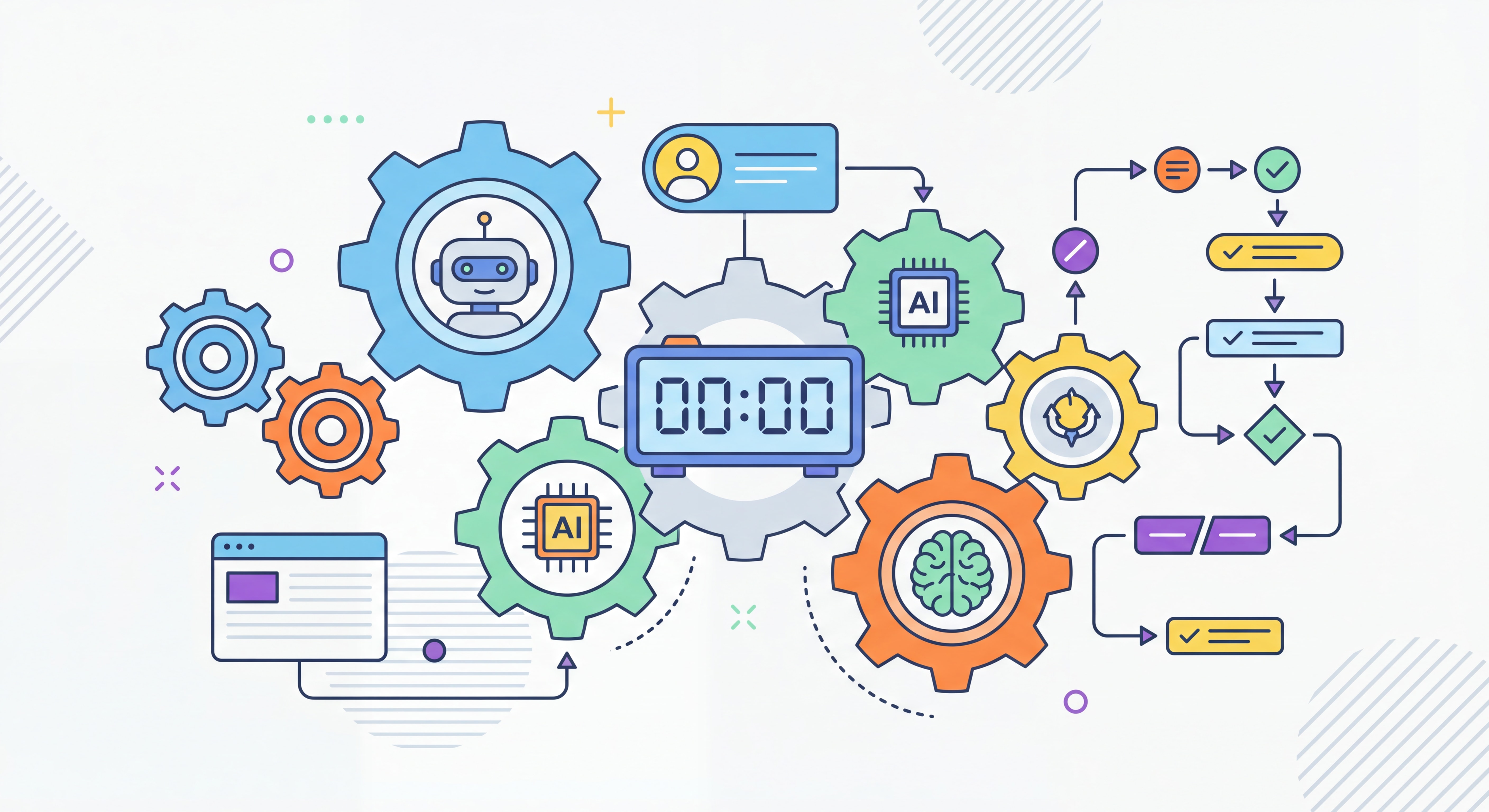 Illustration flat design moderne représentant l'automation freelance — engrenages connectés, horloge, outils IA, flux de travail automatisés — style épuré et couleurs vives professionnelles