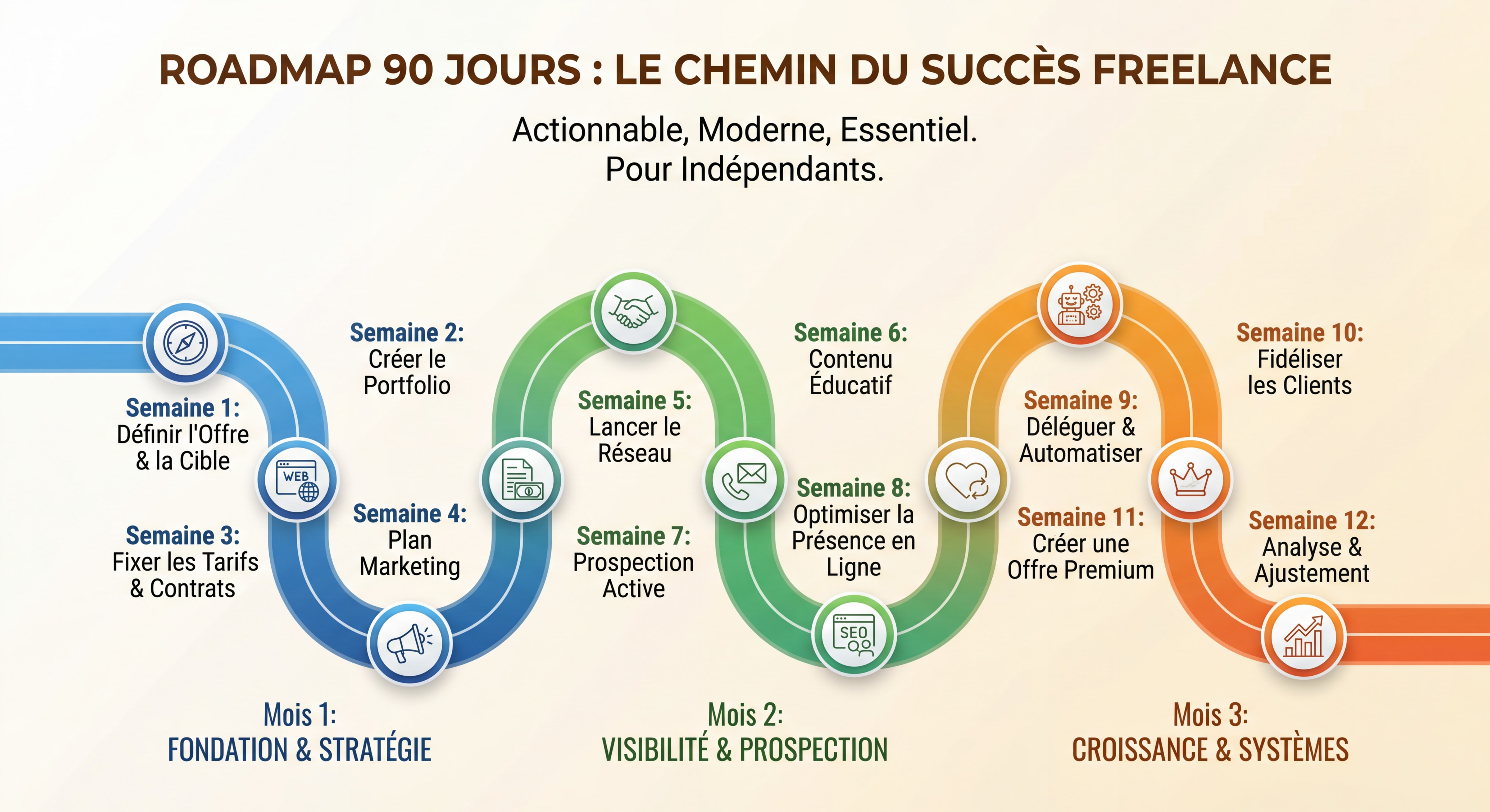 Infographie roadmap 90 jours — timeline visuelle avec 3 phases mensuelles, étapes clés, icônes colorées, style moderne et actionnable pour indépendants