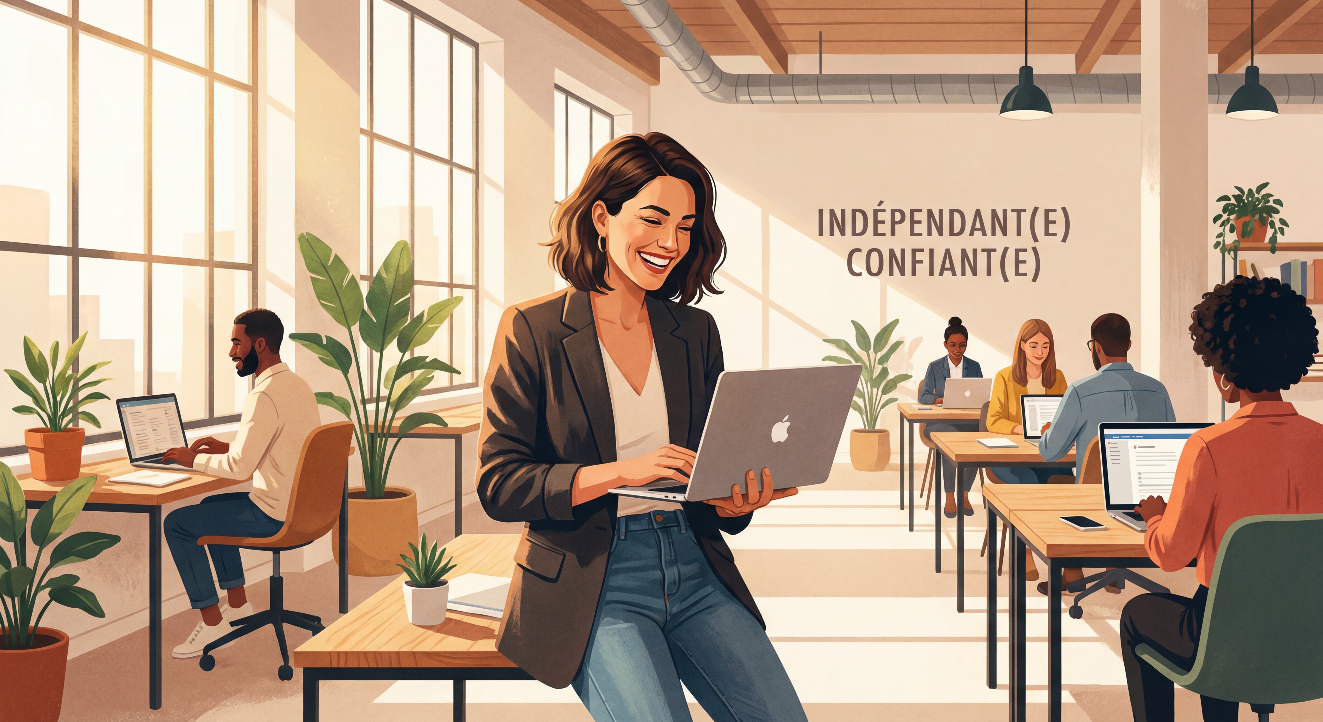 Indépendant(e) confiant(e) souriant devant son laptop dans un espace de coworking moderne, lumière naturelle, posture inspirante