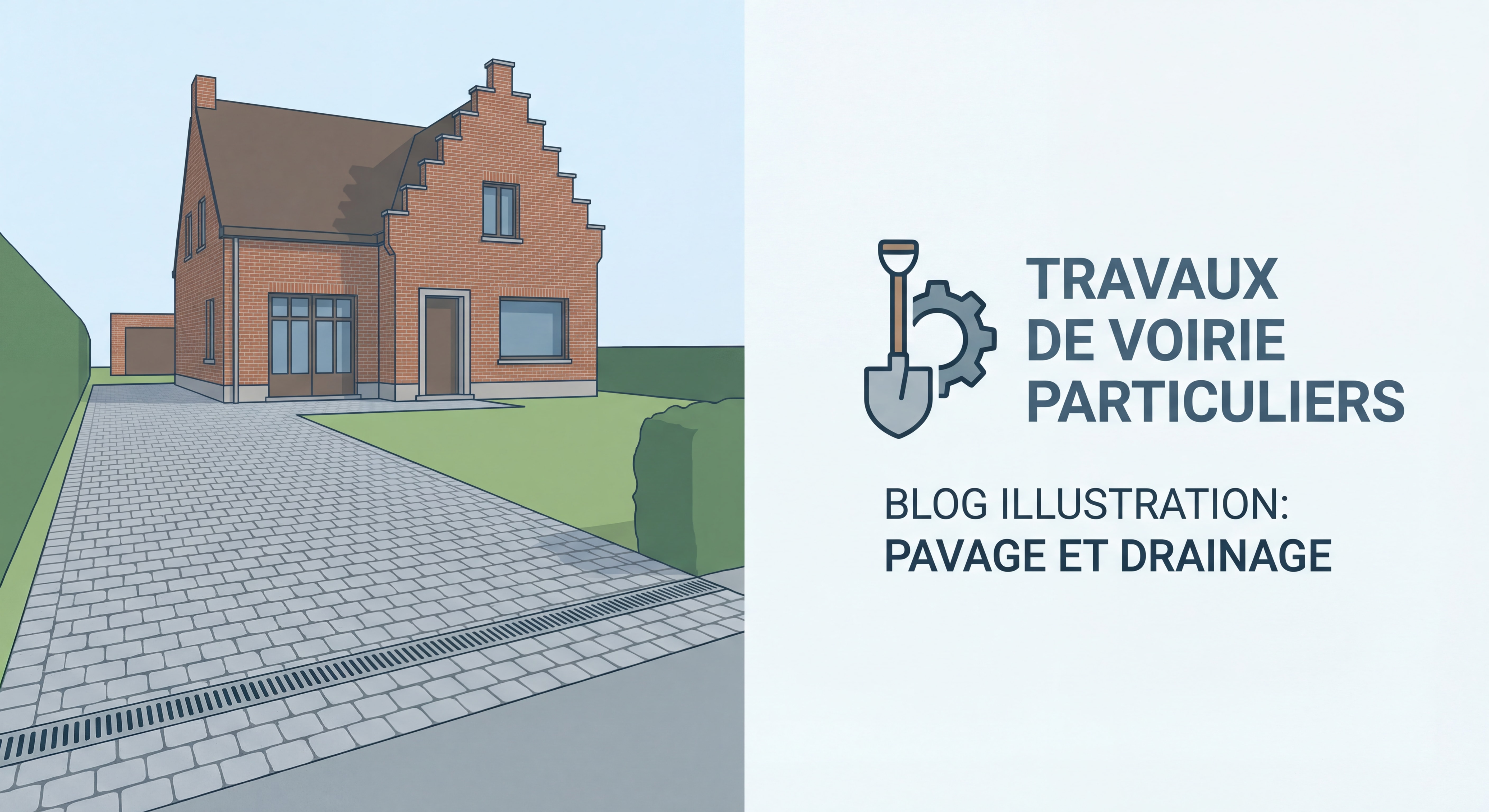 Allée rénovée en pavés avec drainage, maison belge typique — illustration des travaux de voirie pour particuliers en Belgique