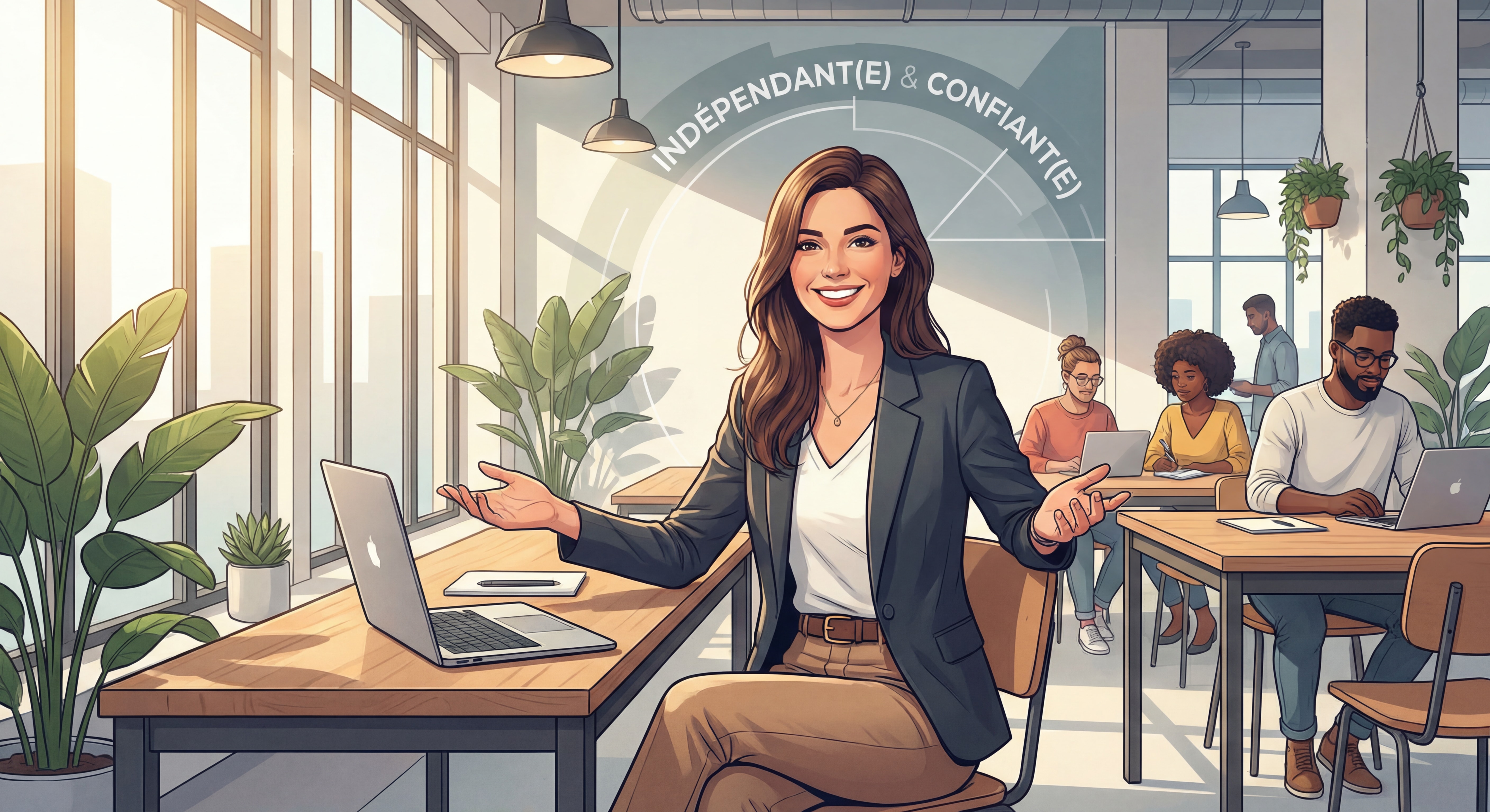 Indépendant(e) confiant(e) souriant(e) devant un laptop dans un espace de coworking moderne, posture ouverte et inspirante, lumière naturelle