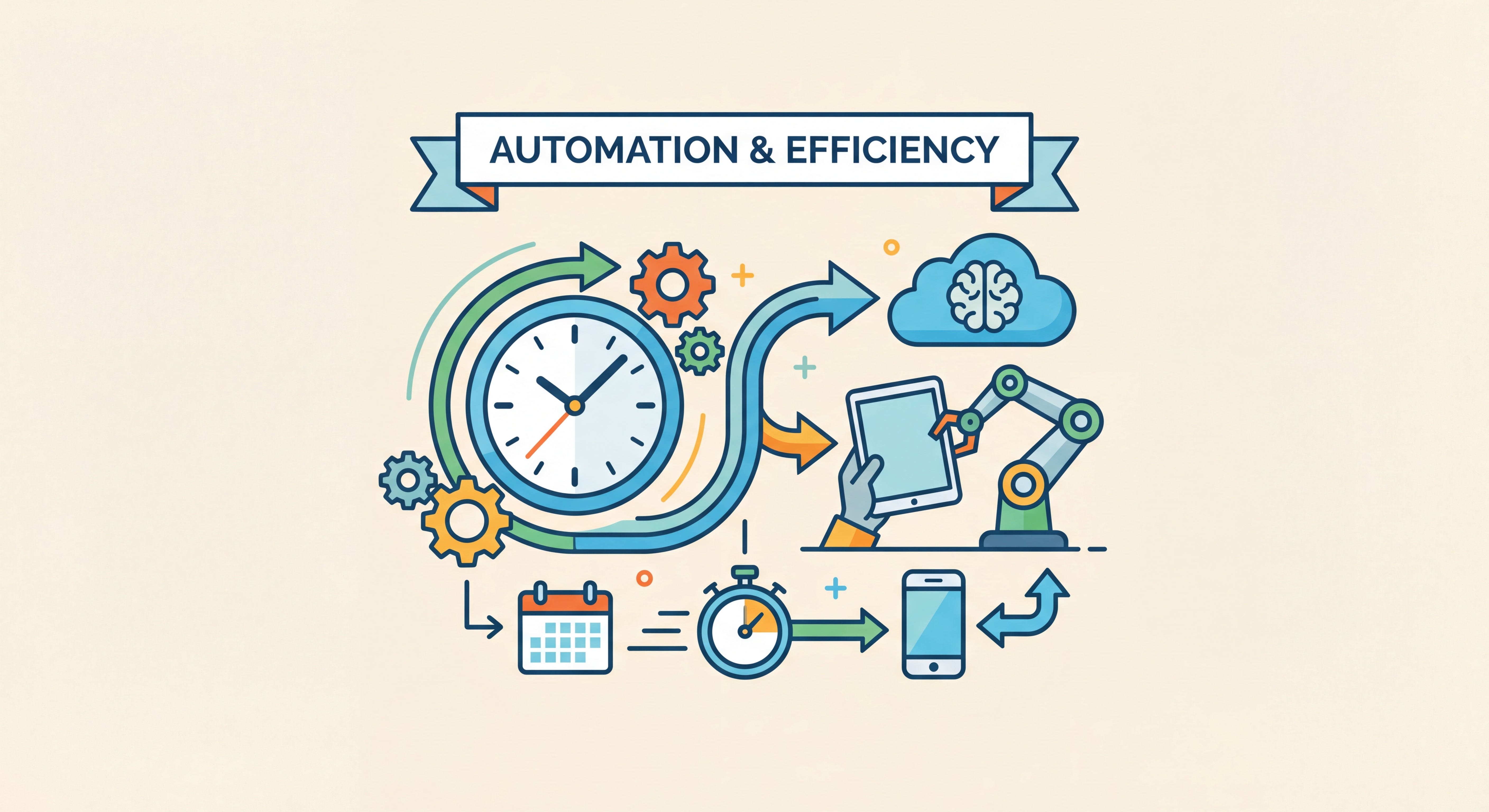 Illustration flat design d'un concept d'automation et gain de temps — engrenages, horloge, outils connectés et IA, style moderne épuré avec couleurs vives professionnelles