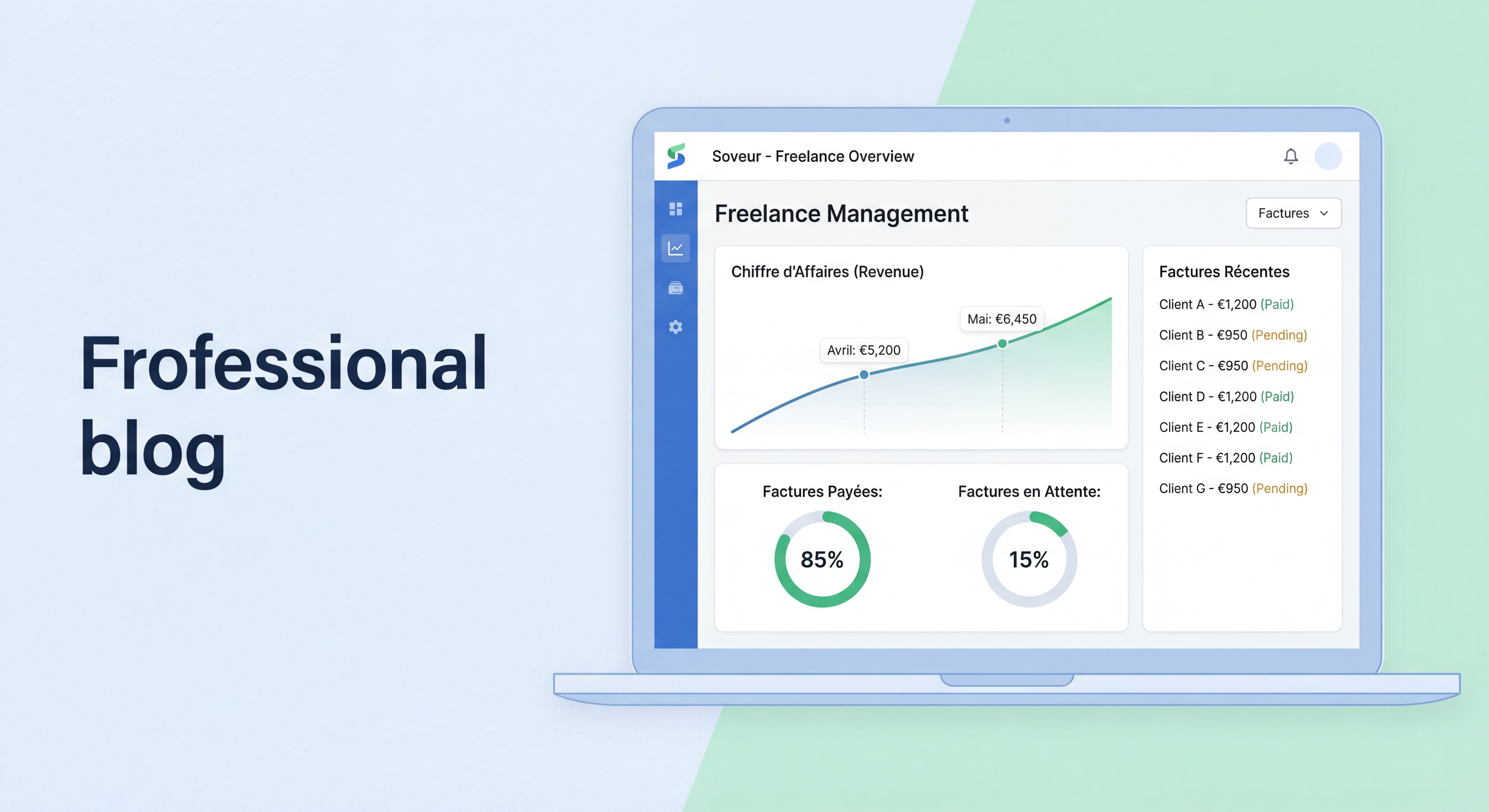 Dashboard moderne d'un outil de gestion freelance type Soveur montrant le suivi du chiffre d'affaires et des factures - interface épurée et données inspirantes