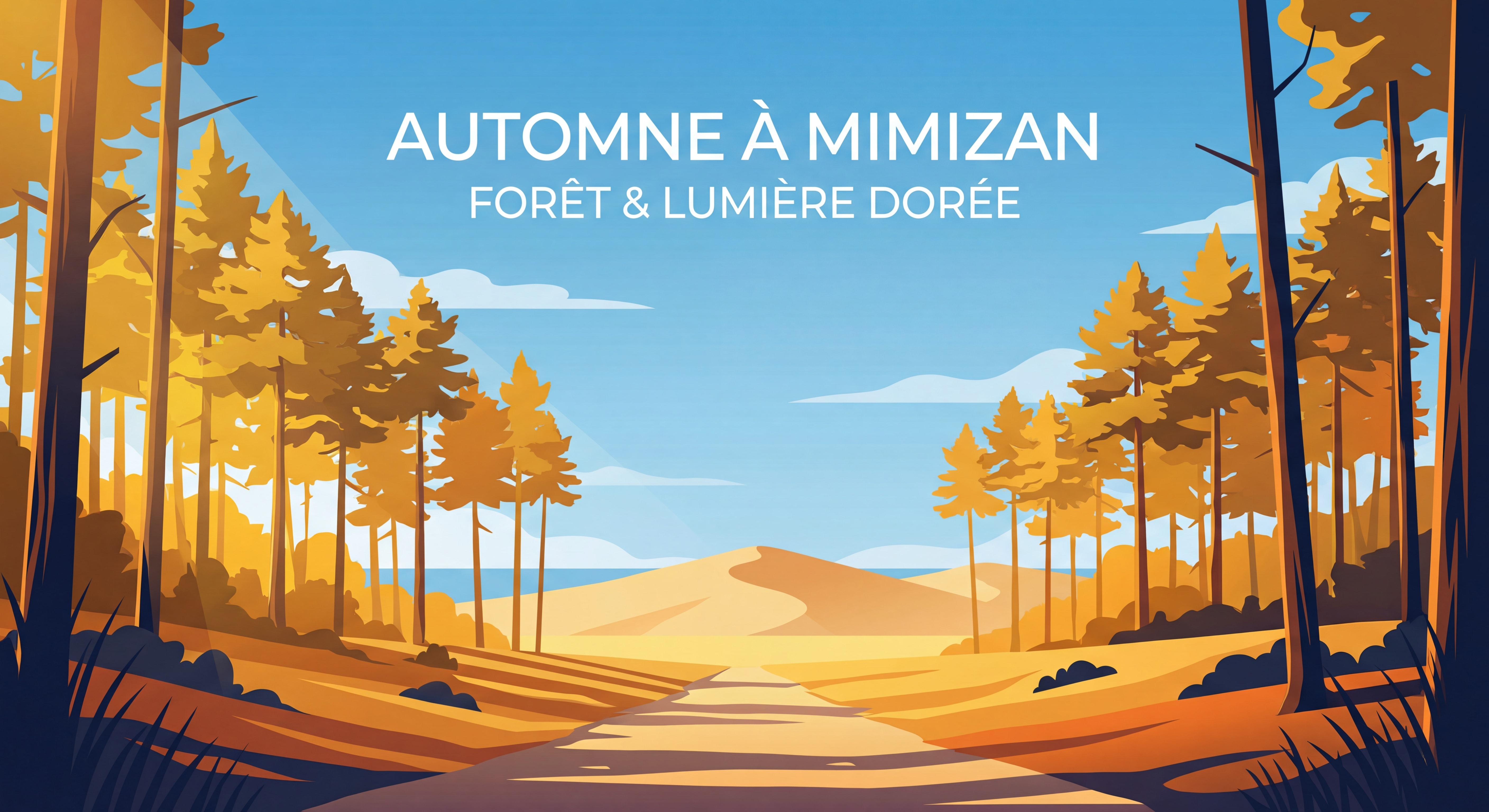 Forêt landaise et ciel bleu à Mimizan — paysage automnal en lumière dorée