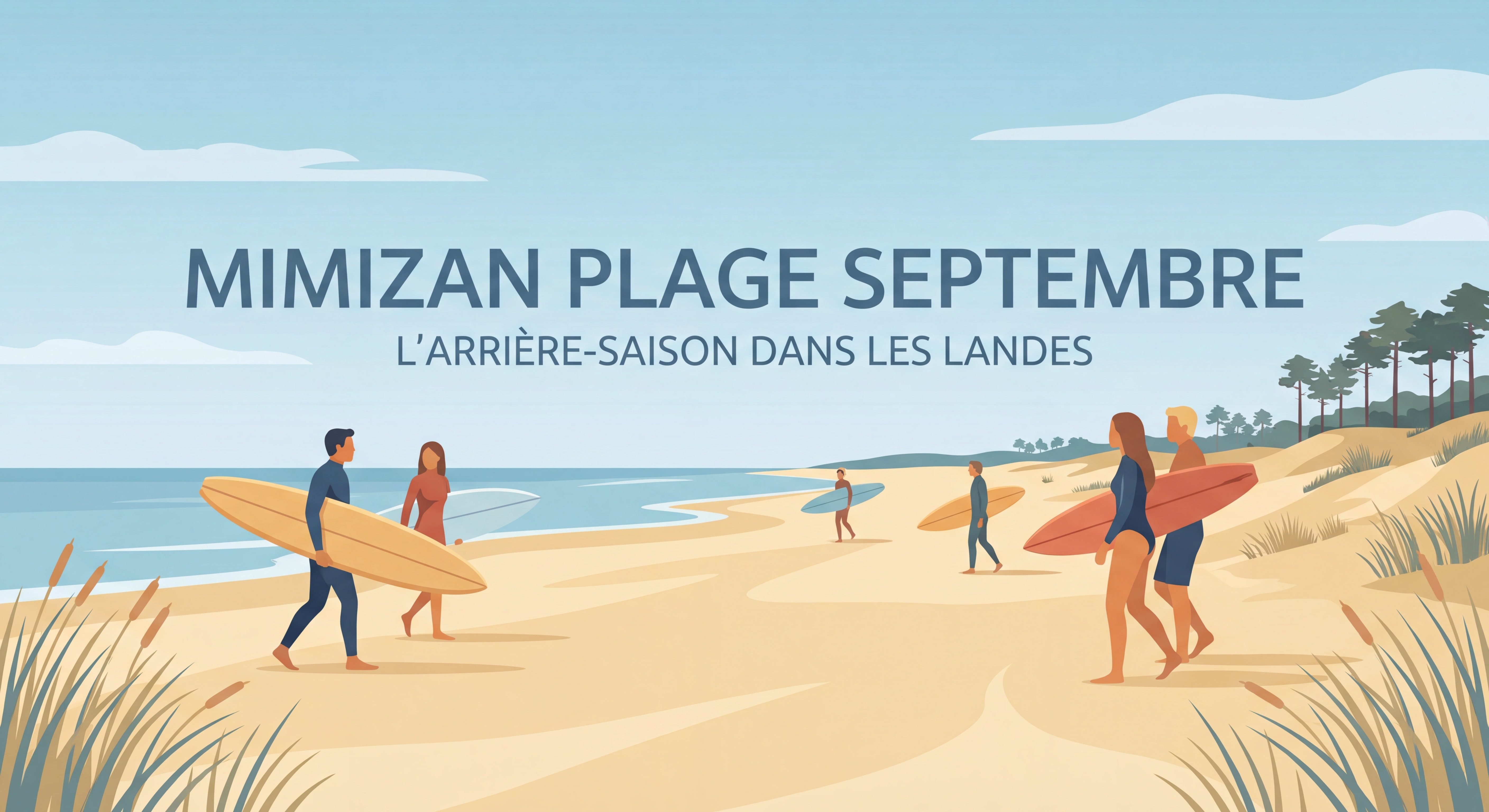 Surfeurs sur la plage de Mimizan en septembre — arrière-saison Landes, ciel dégagé